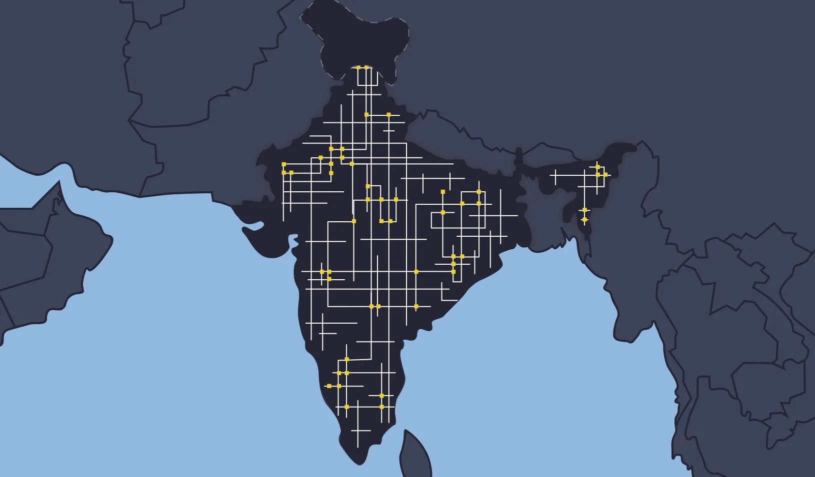 An illustration of a map of India with small electric grids | Stefani Billings