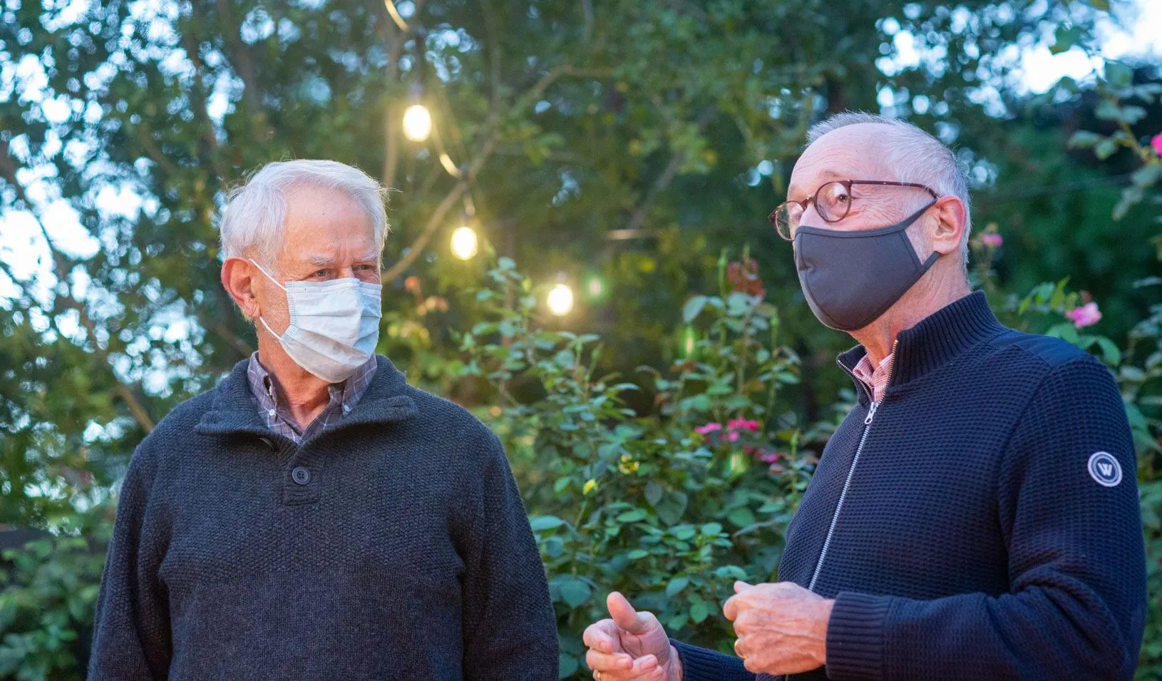 Bob Wilson (left) and Paul Milgrom in the early morning hours shortly after finding out they won the Nobel Prize.