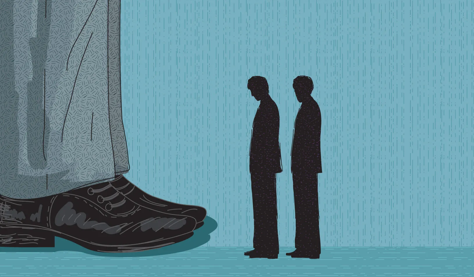 Two tiny workers at the huge feet of their boss. Credit: iStock/Diane Labombarbe