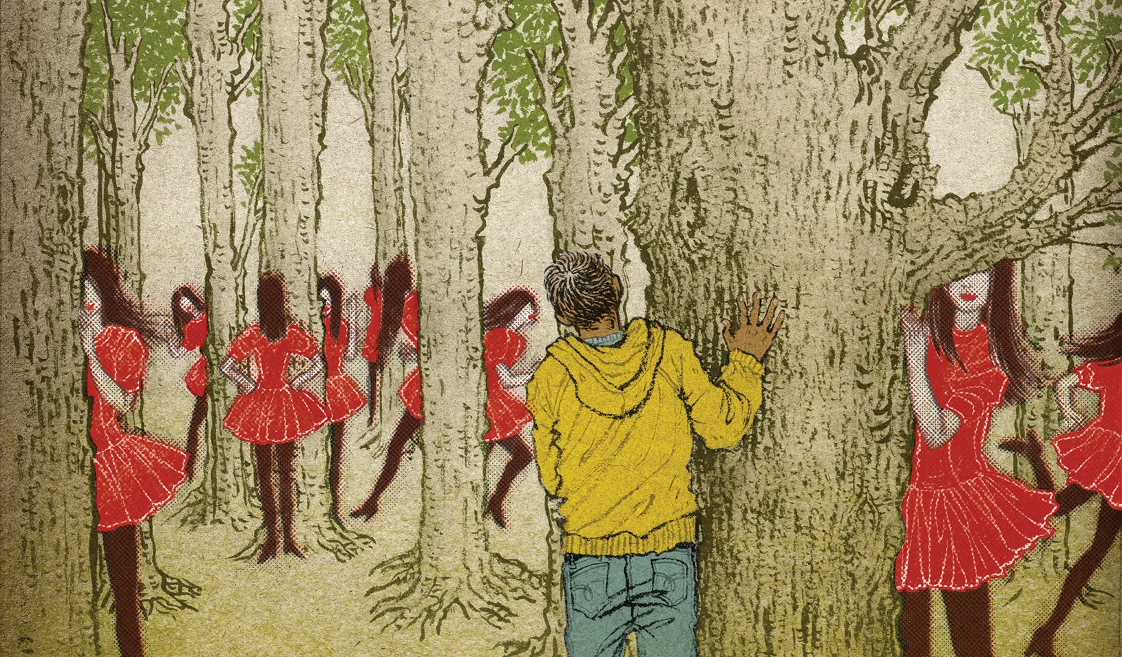 A boy and girls hiding behind trees