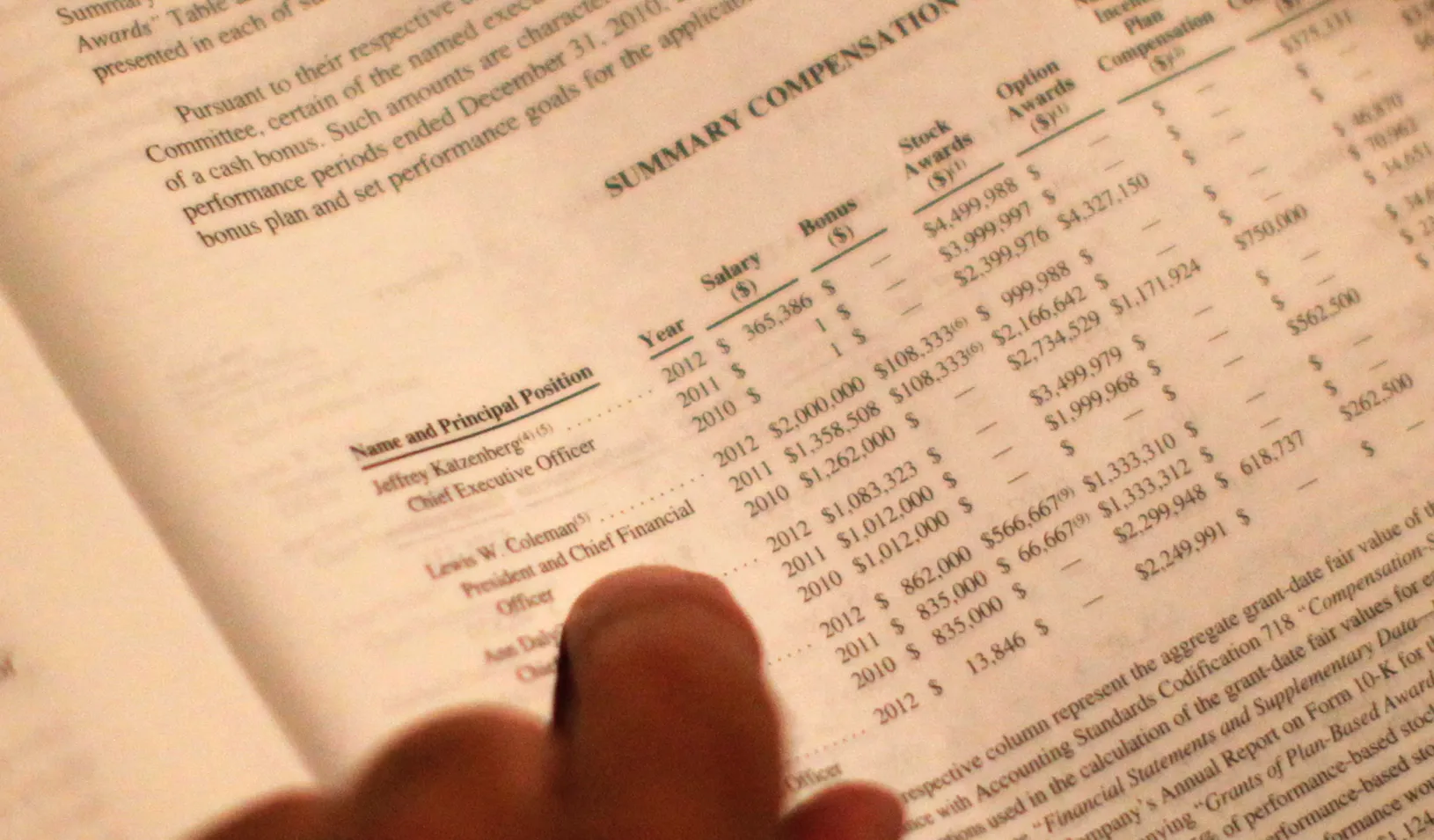 A finger pointing to a line in a compensation report document. | Reuters/Lucy Nicholson