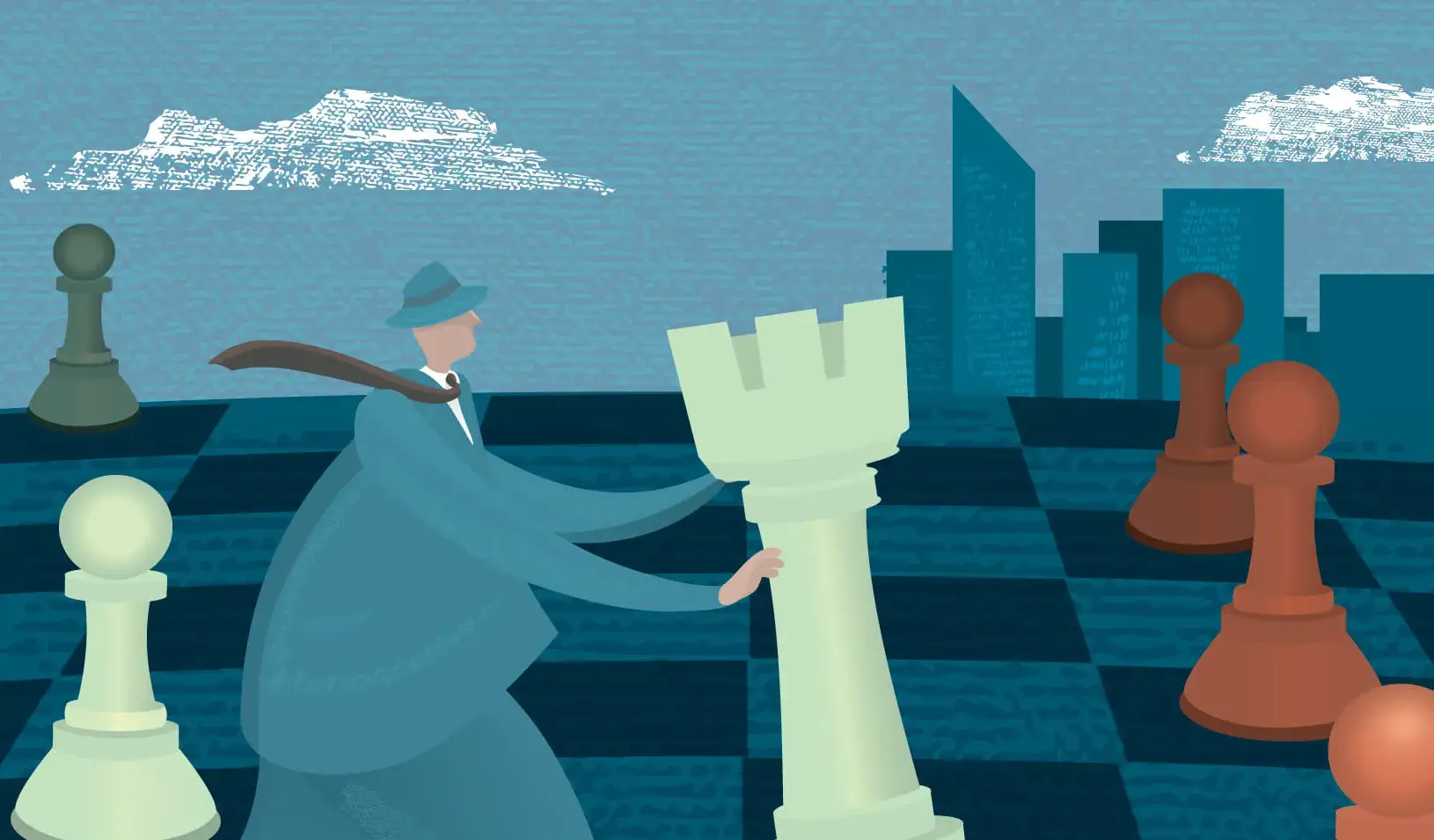 Illustration of a man moving a life-sized rook on a chess board | iStock/JDawnInk