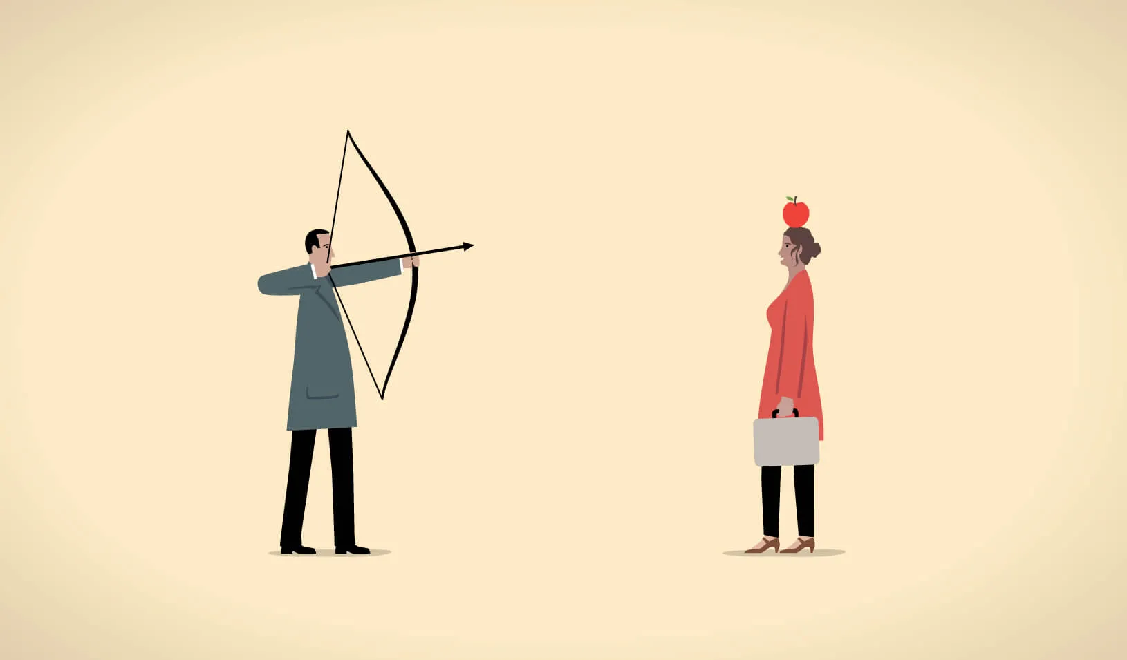 illustration of a man pointing a bow and arrow at an apple on a woman's head |  iStock/Mark Airs