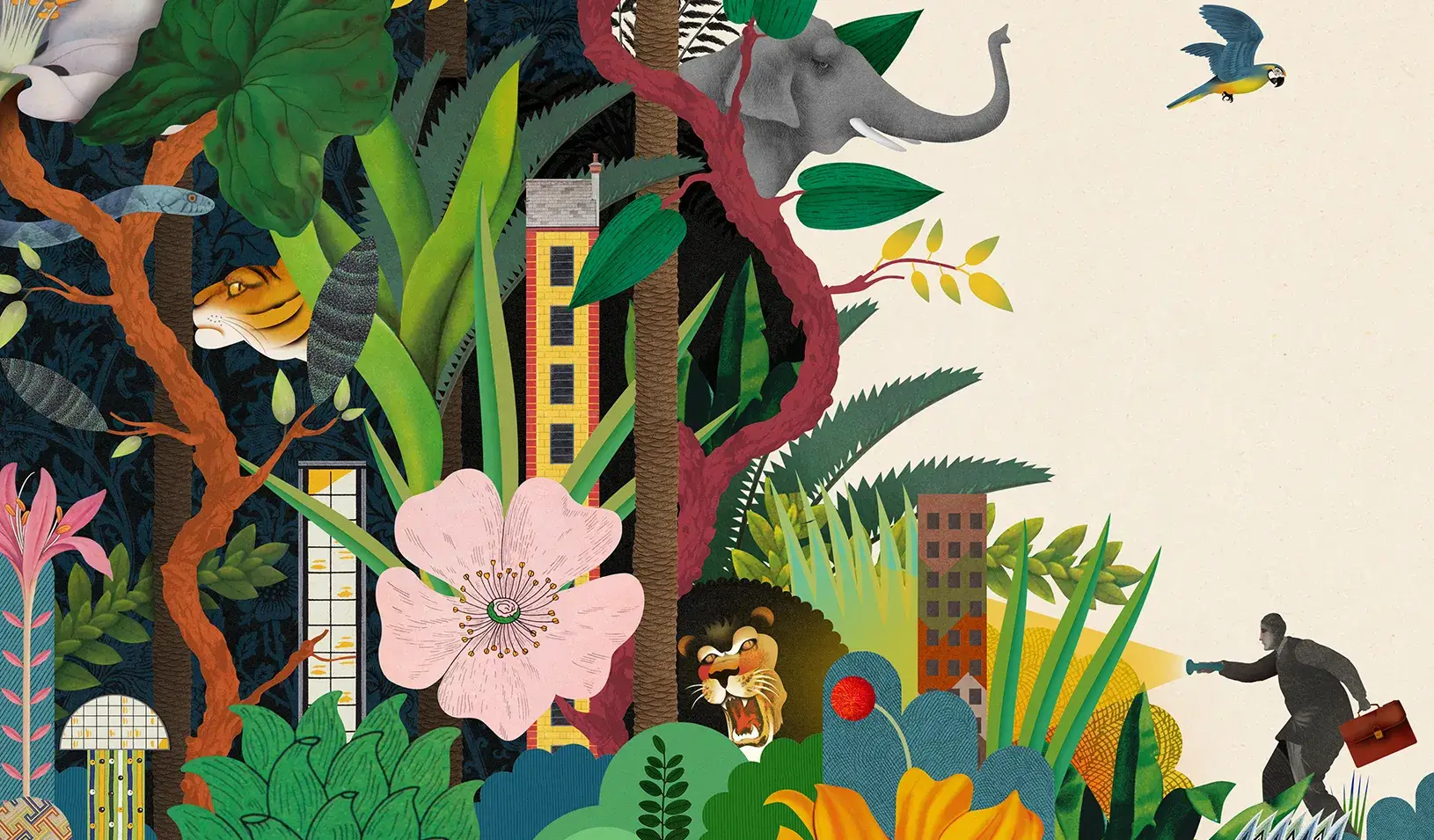 Risk magazine cover: A man peering into the jungle. Illustration by Brett Ryder
