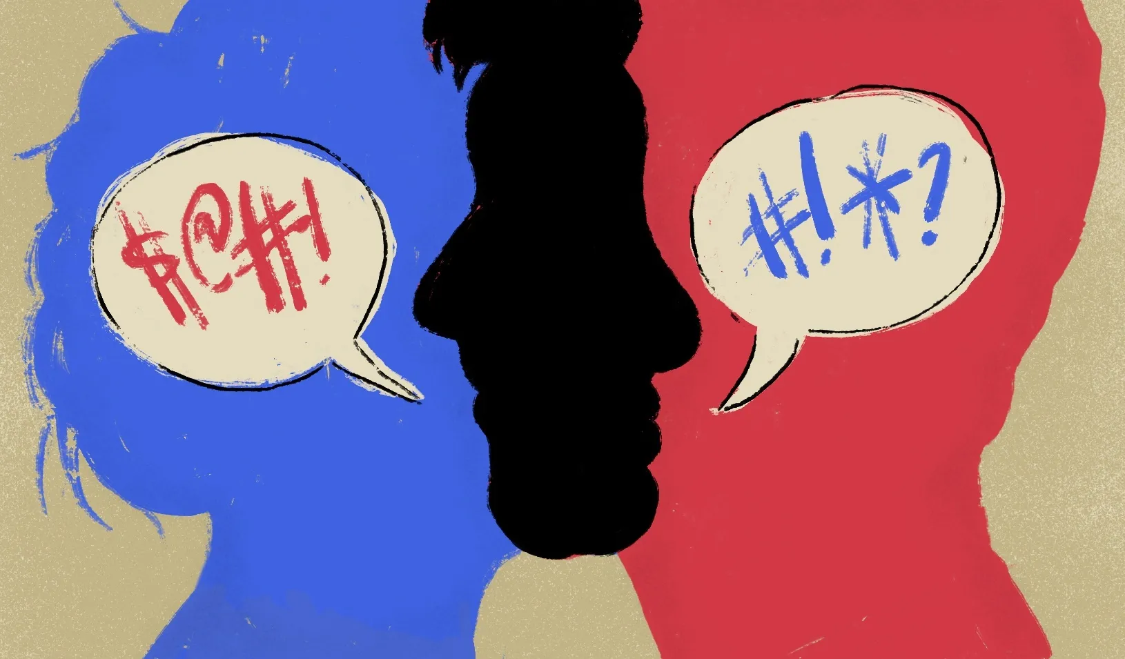 Illustration of two figures–one red, and one blue–engaged in conflict. Illustration by Tricia Seibold