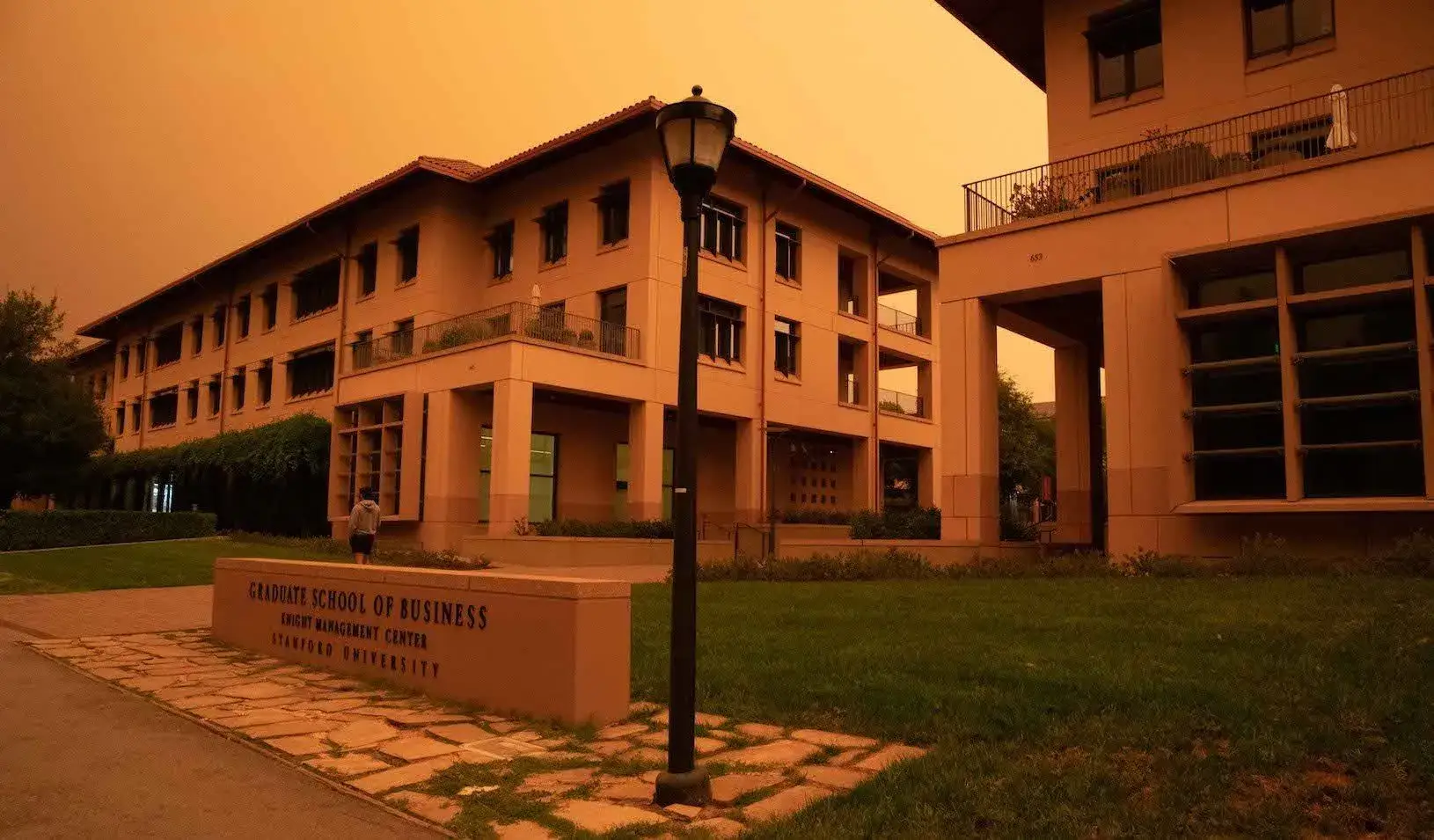 A photo of the GSB when the northern California wildfires turned the skies orange. 