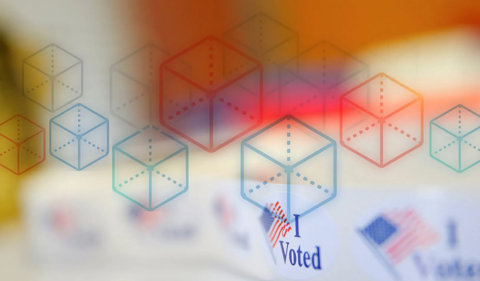 A photoillustration of block chain shapes over "I Voted" stickers.  | istock/filo, Reuters/Chris Keane