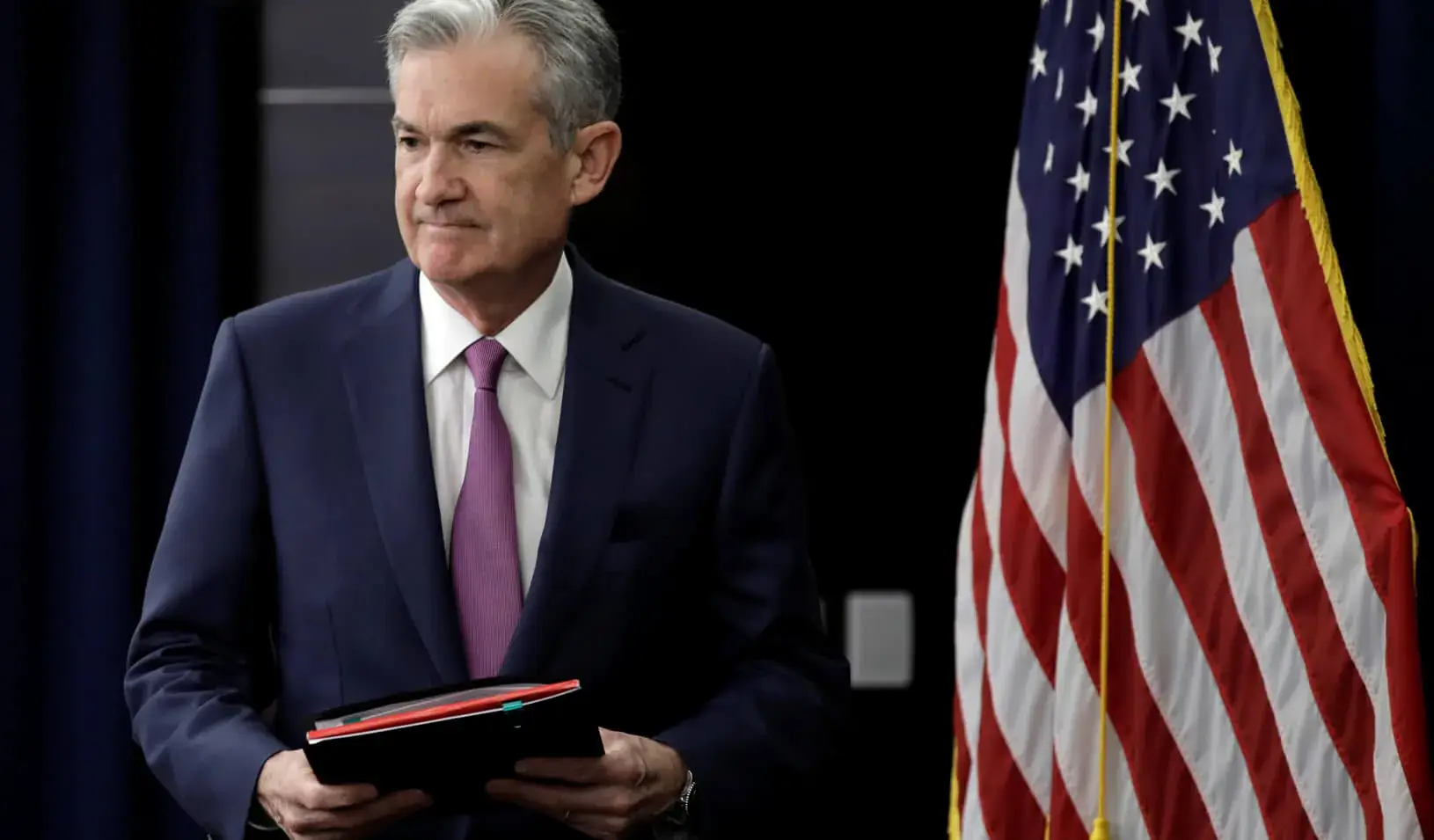 Federal Reserve Board Chair Jerome Powell arrives at his news conference after the two-day meeting of the Federal Open Market Committee on interest rate policy in Washington. Credit: Reuters/Yuri Gripas