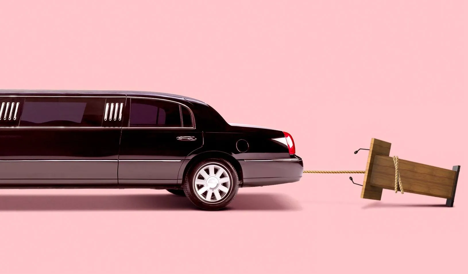 A photo illustration of a limousine with a rope behind it that is pulling over a podium. Credit: Alvaro Dominguez