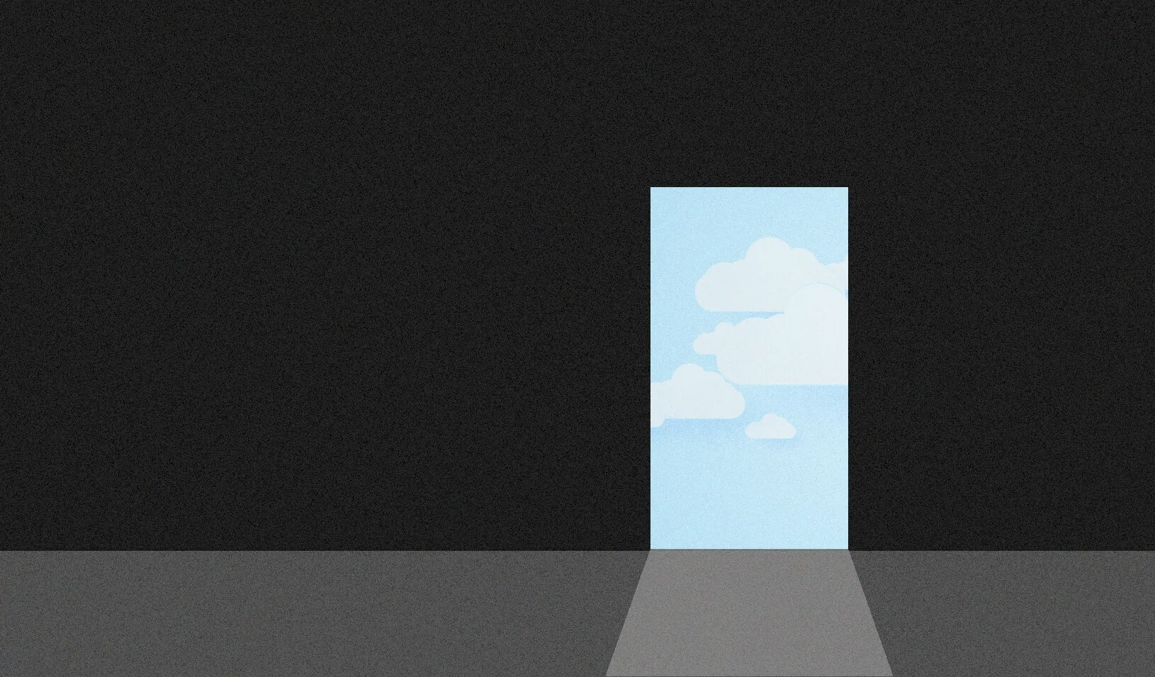 A door from a dark room leads to bright open sky. Credit: Illustration by Tricia Seibold, iStock/supakritpumpy