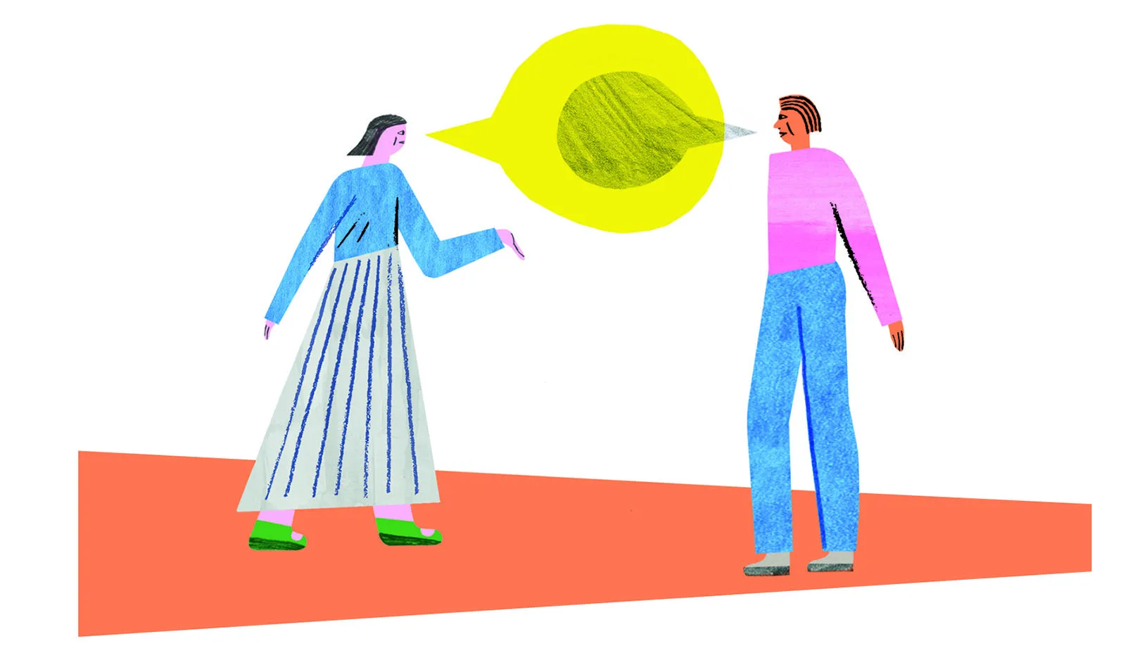 Illustration of two people facing each other and talking, with a colorful speech bubble between them. Credit: Irene Servillo