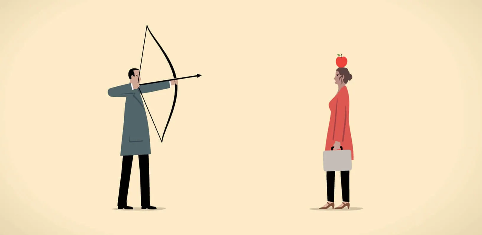 illustration of a man shooting an arrow at an apple at a woman's head