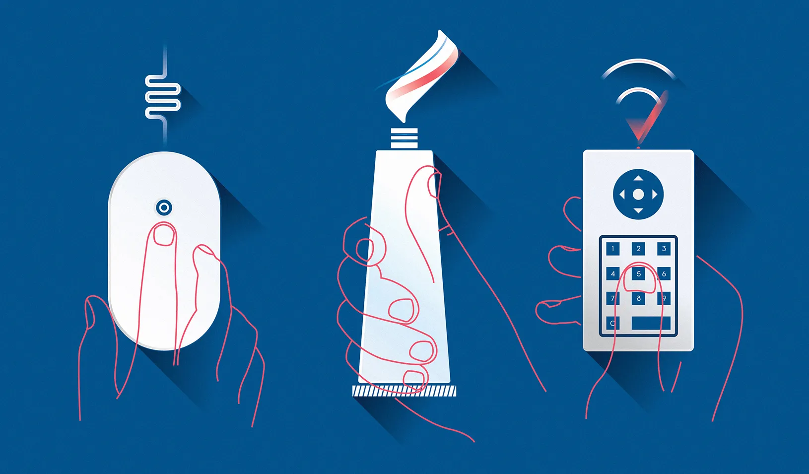 Illustration of a computer mouse, toothpaste, and TV remote