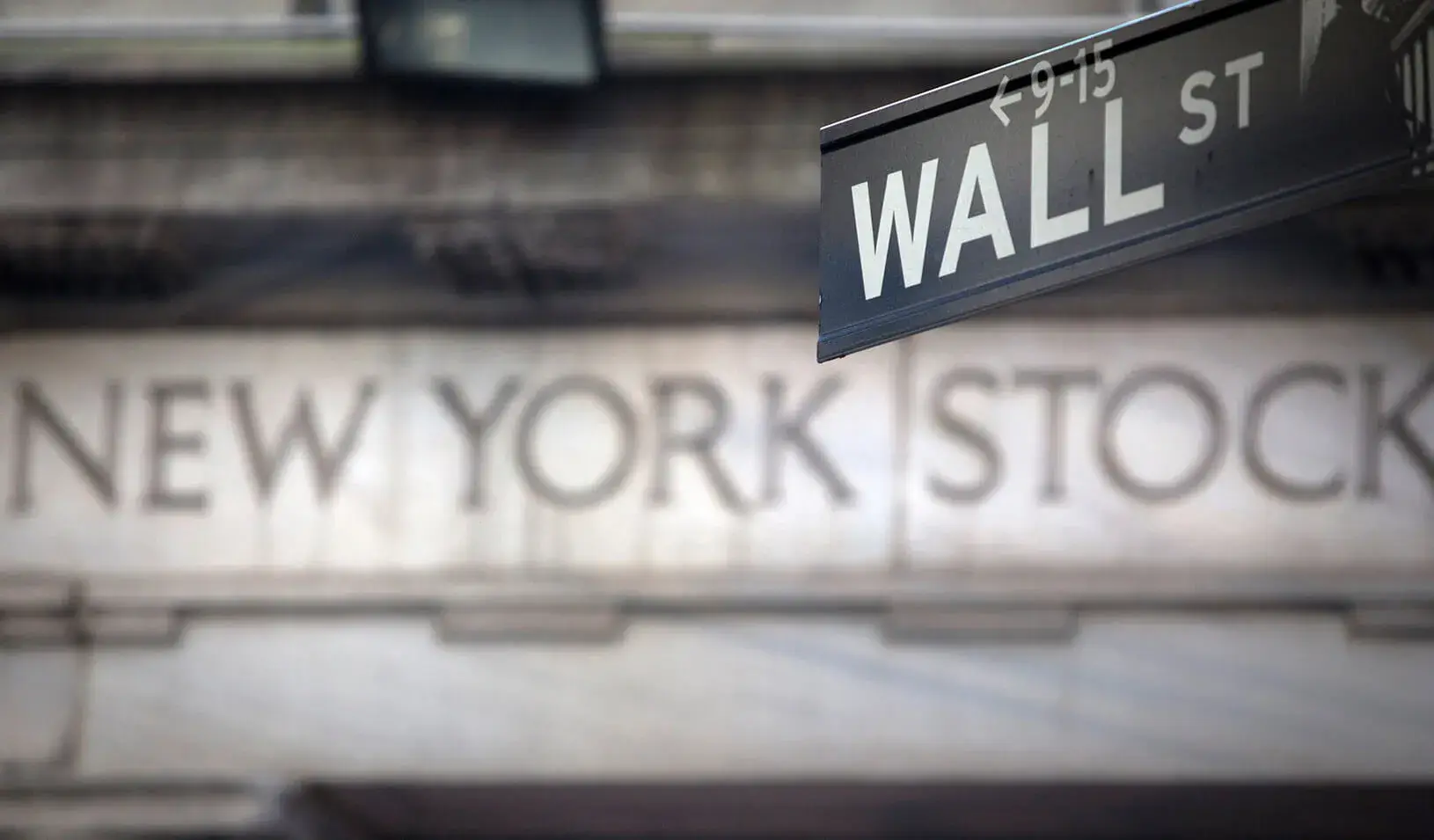 A "Wall Street" sign overlooking the New York Stock exchange