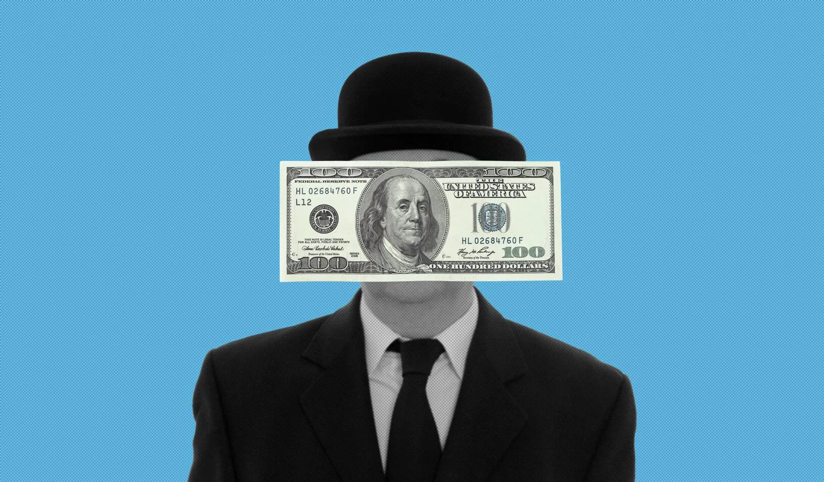 Man in a bowler hat with his face obscured by a one hundred dollar bill. Credit: Cory Hall