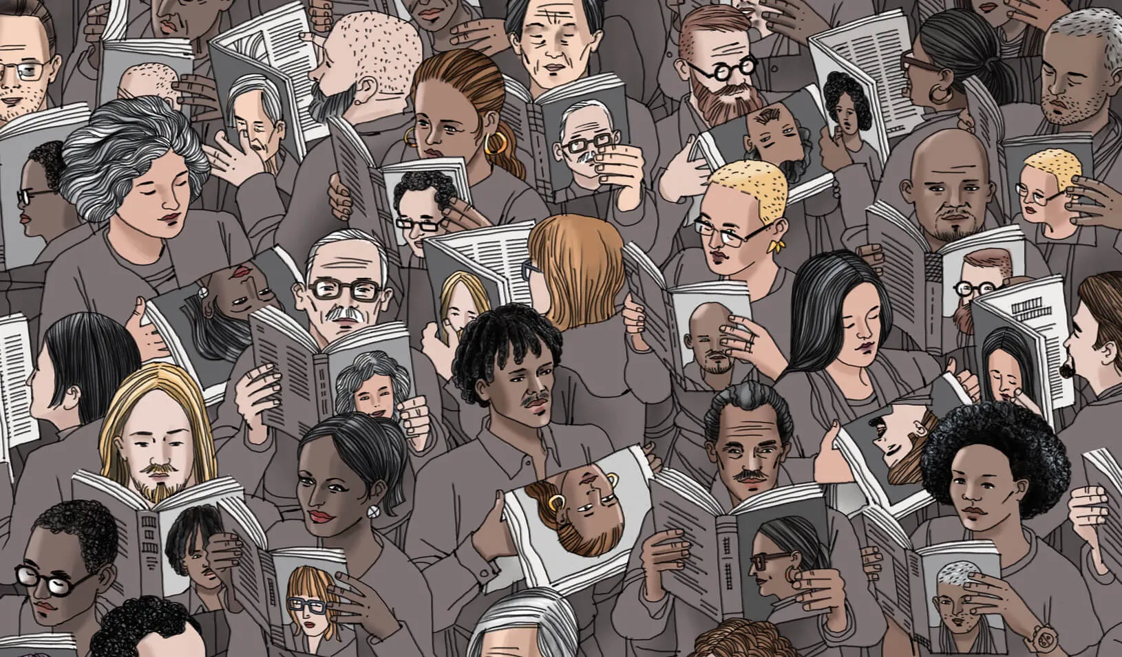 An illustration of a crowd of multiracial people reading magazines with covers showing others in the crowd. | Illustration by Jorge Colombo