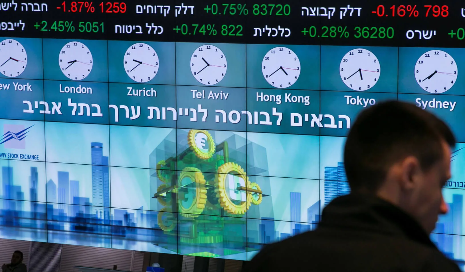 A man stands in front of an electronic board displaying market data at the Tel Aviv Stock Exchange, in Tel Aviv, Israel. | Reuters/Baz Ratner