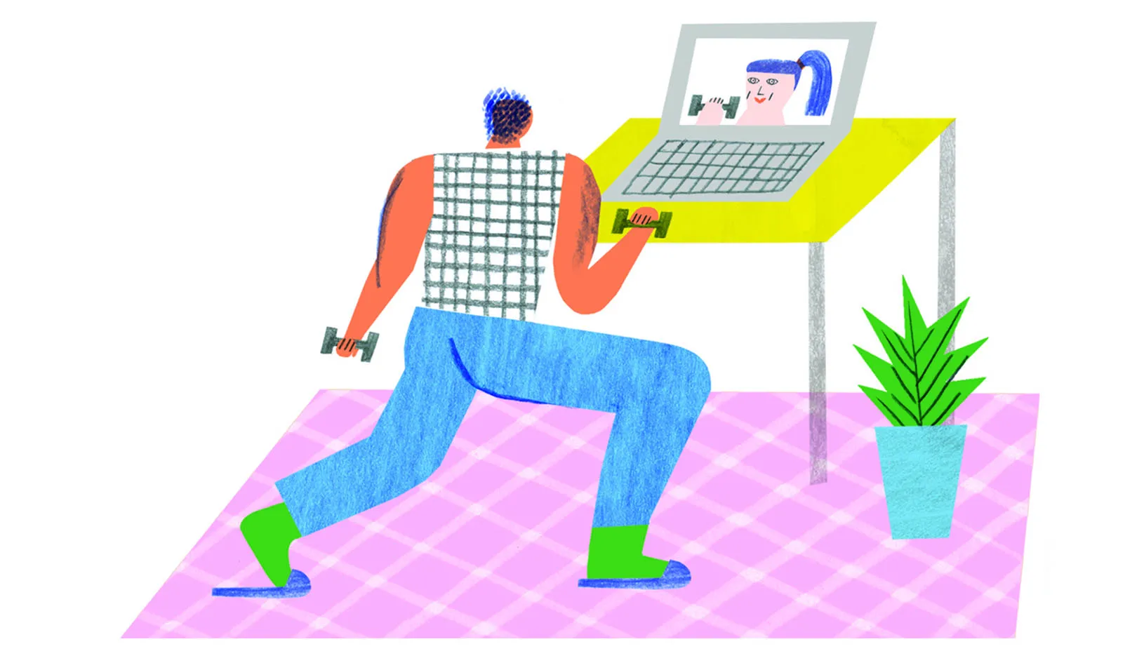 Illustration of a person doing workout with weights guided by a personal trainer on their laptop. Credit: Irene Servillo