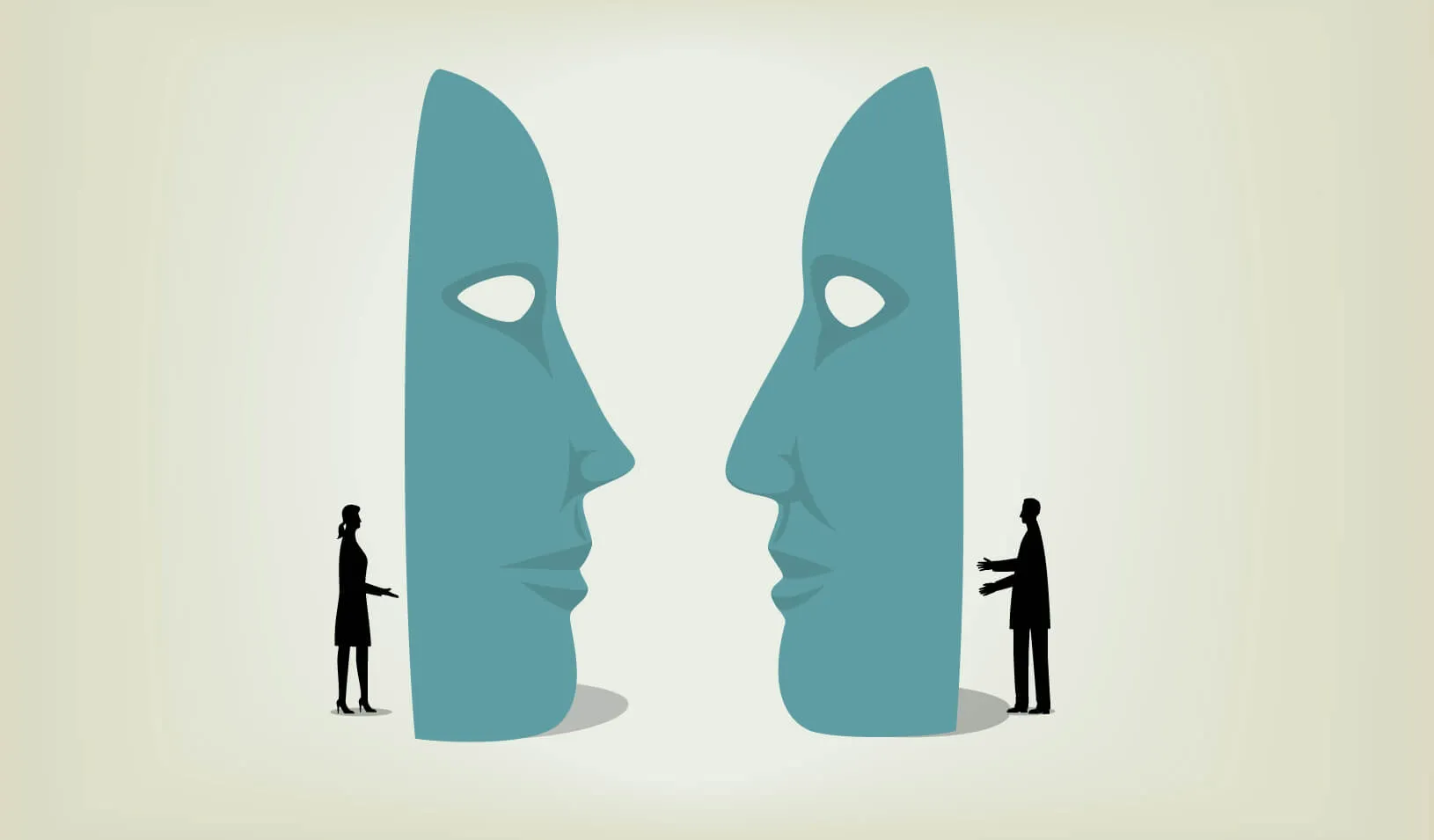 illustration of two individuals speaking to one another through giant masks