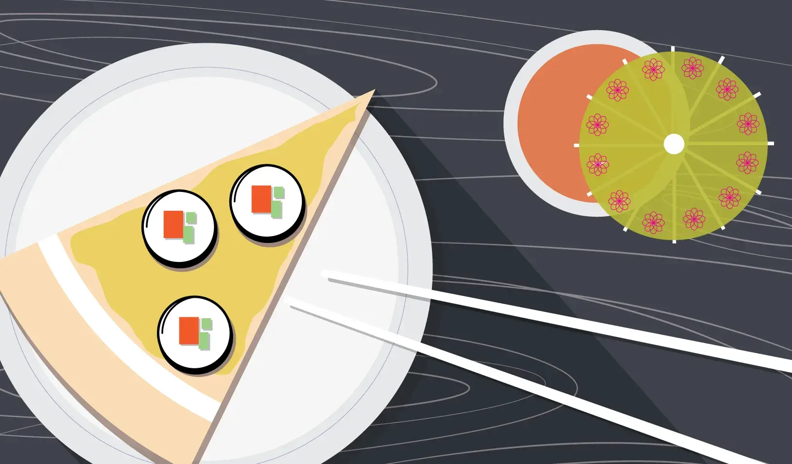 Illustration of pizza with sushi toppings and chopsticks