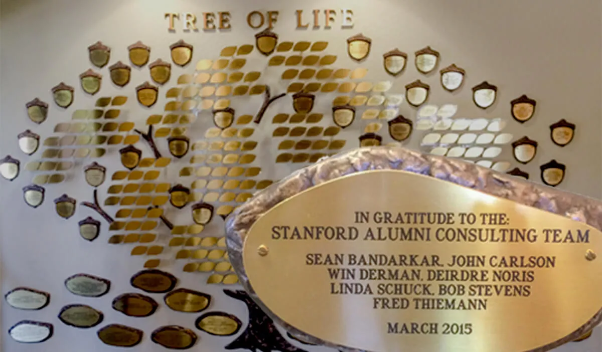 A plaque that reads: In gratitude to the Stanford Alumni Consulting Team - Sean Bandarkar, John Carlson, Win Derman, Deirdre Noris, Linda Schuck, Bob Stevens, Fred Thieman - March, 2015 