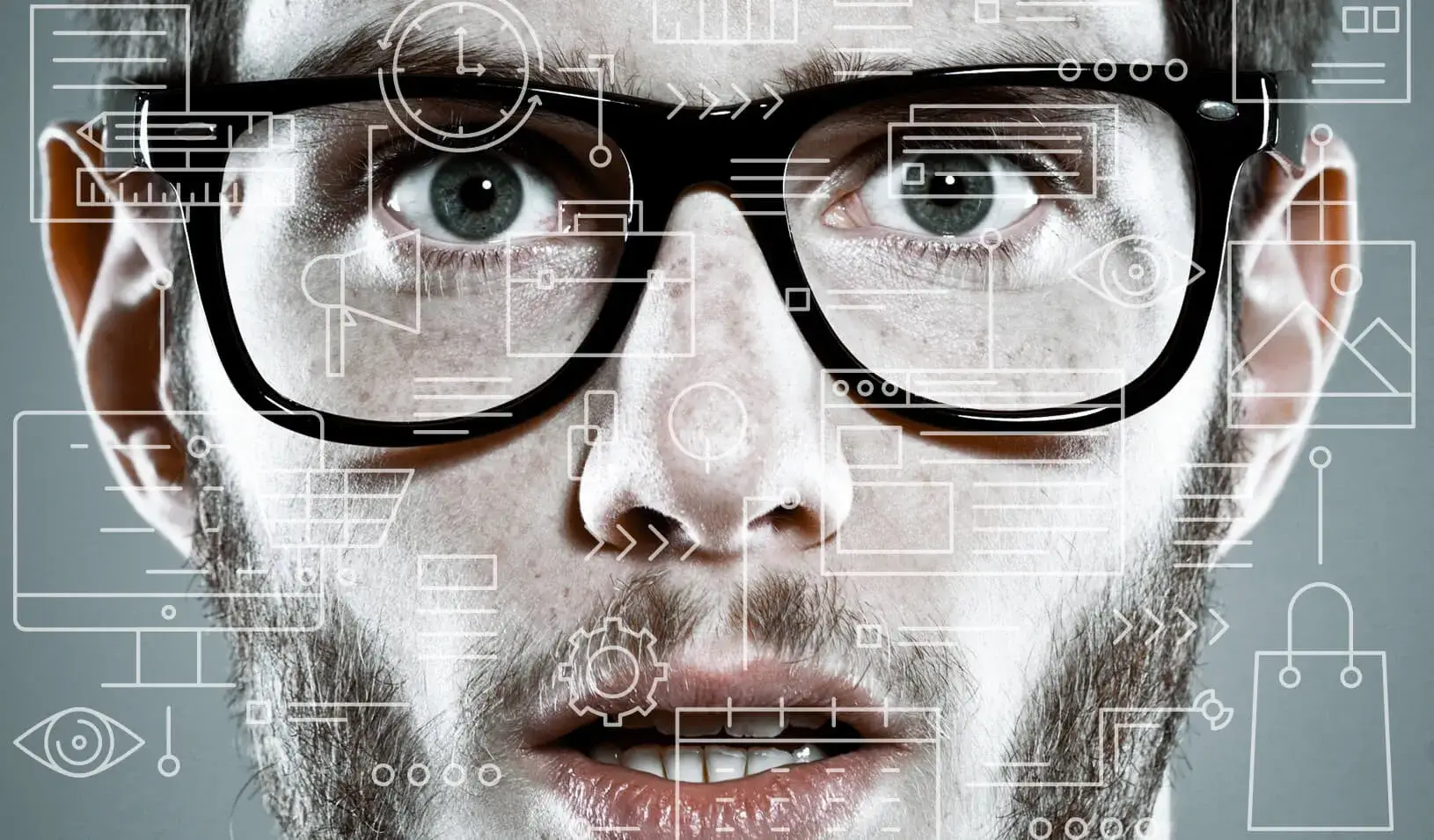 A dazed man with an overlay of symbols of eyes, shopping carts, computers and other marketing symbols | Photo Illustration by Tricia Seibold with iStock/izusek and iStock/axel2001