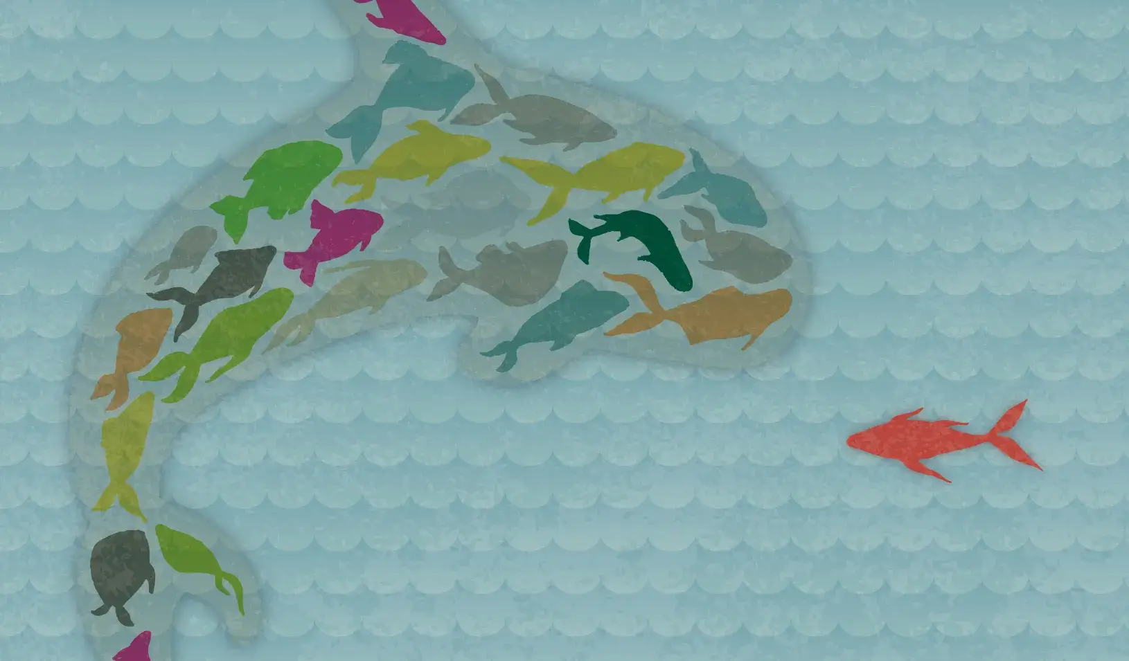 An illustration of a large fish (with many small fish in it) swimming near a small fish