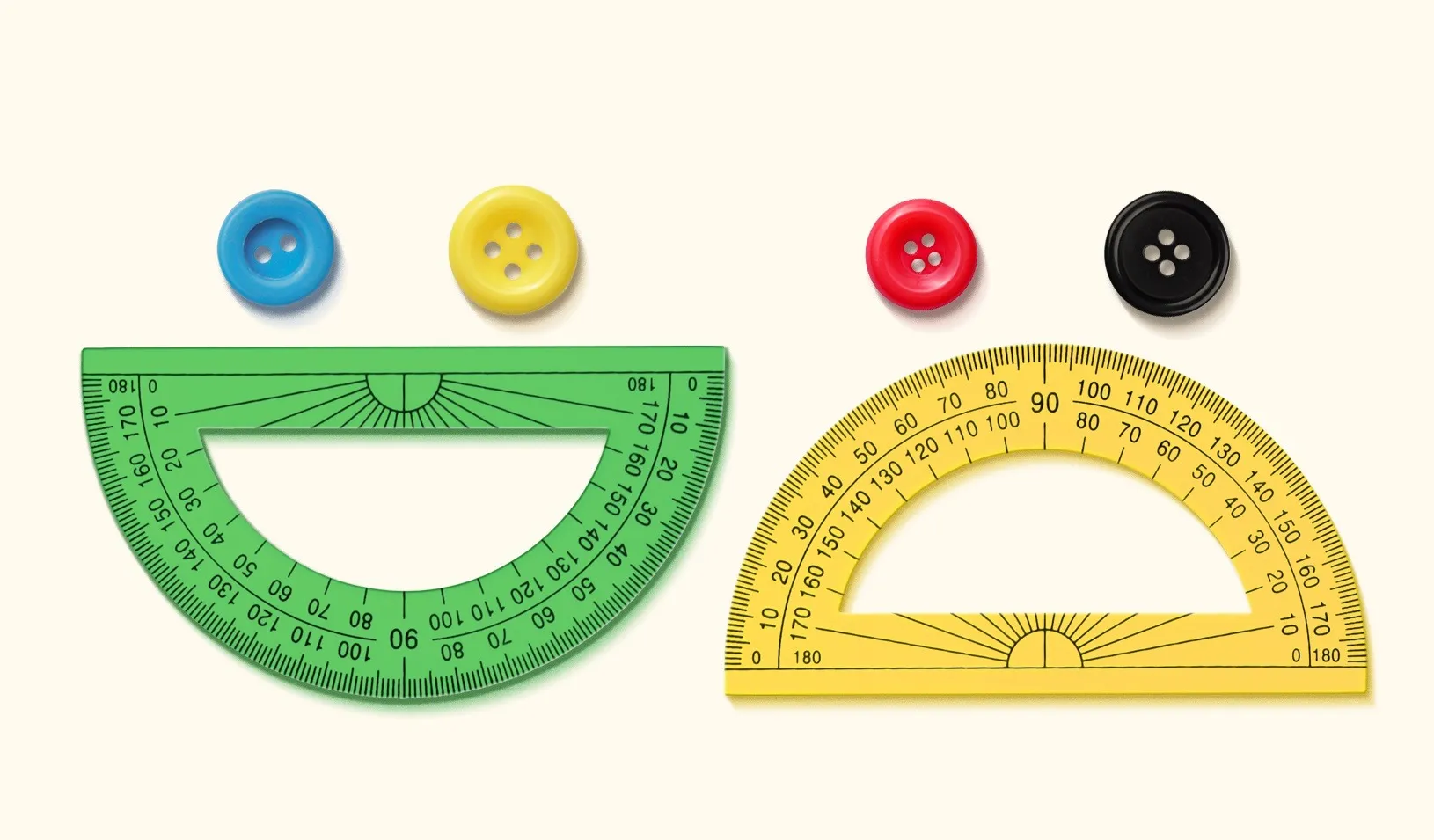 A photo-illustration of protractors and buttons arranged to look like a happy face and a sad face. Credit: Alvaro Dominguez
