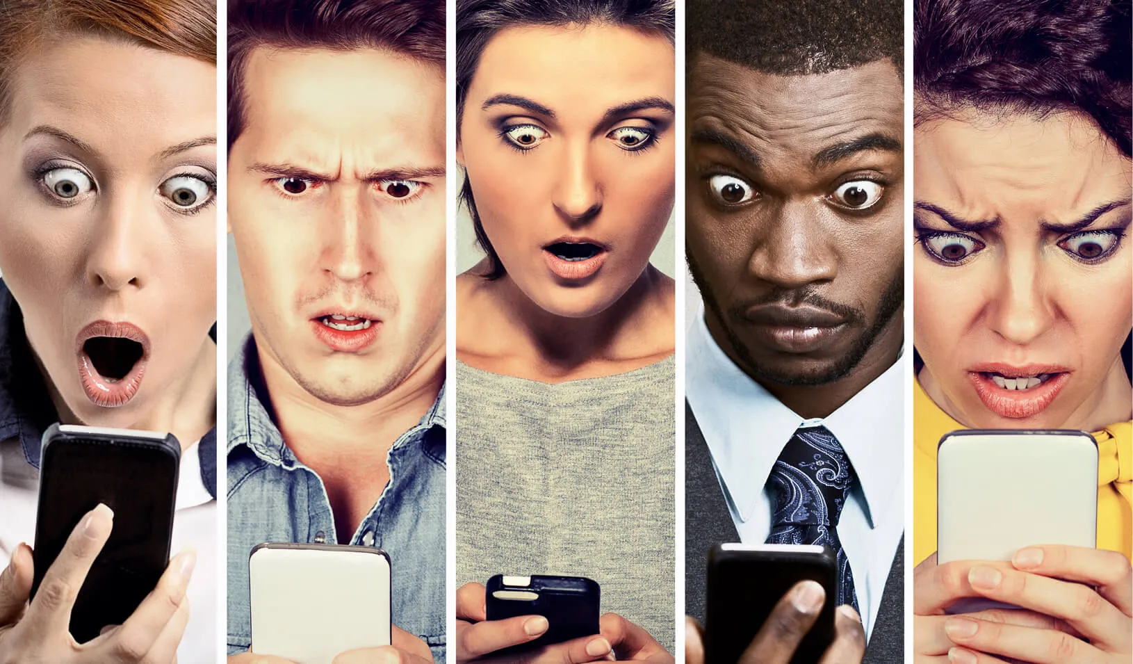 A group of young men and women looking shocked at their cell phones. Credit: iStock/SIphotography