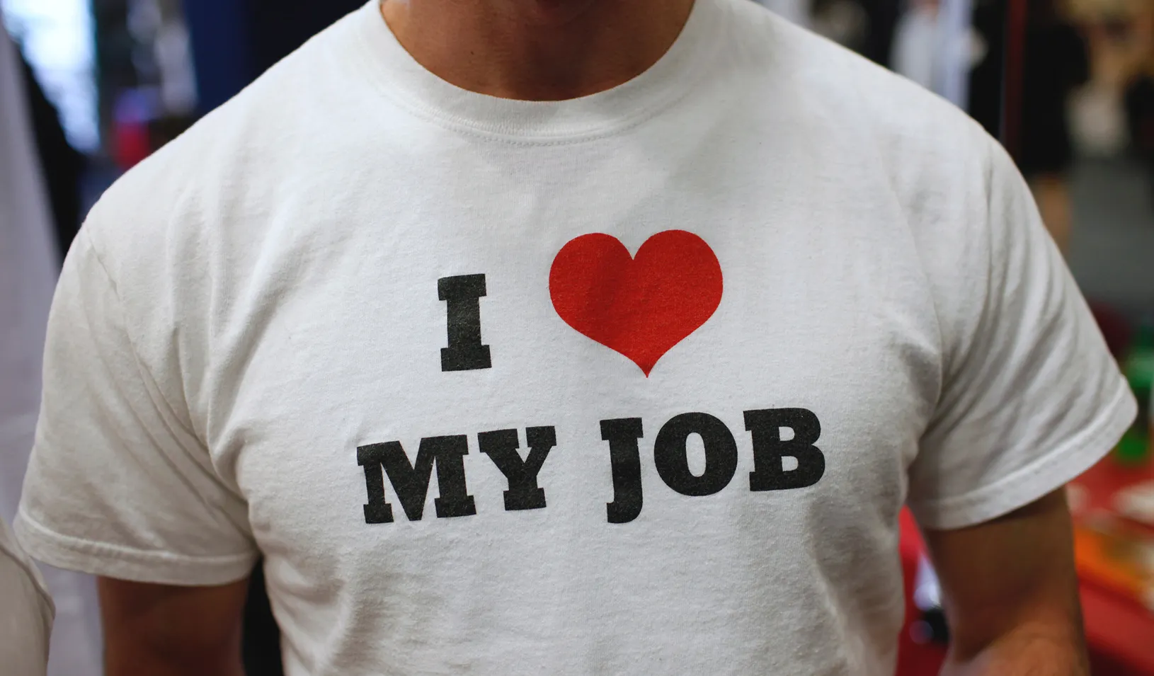 A t-shirt says "I love my job"