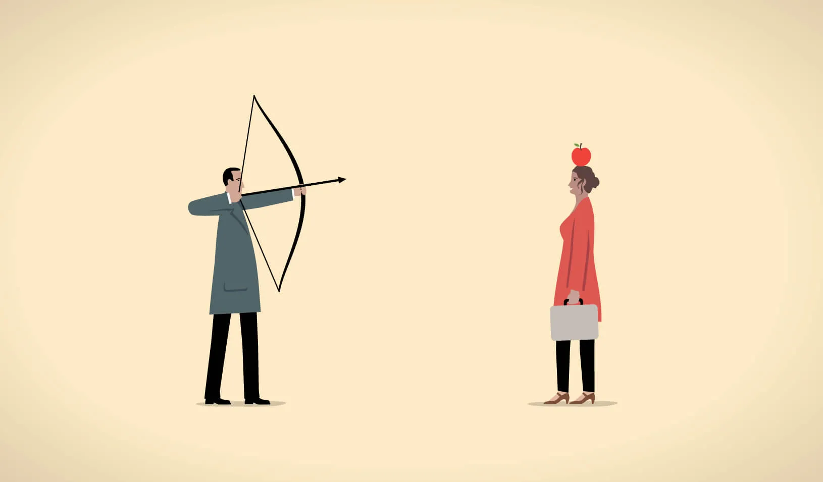 illustration of a man pointing a bow and arrow at an apple on a woman's head
