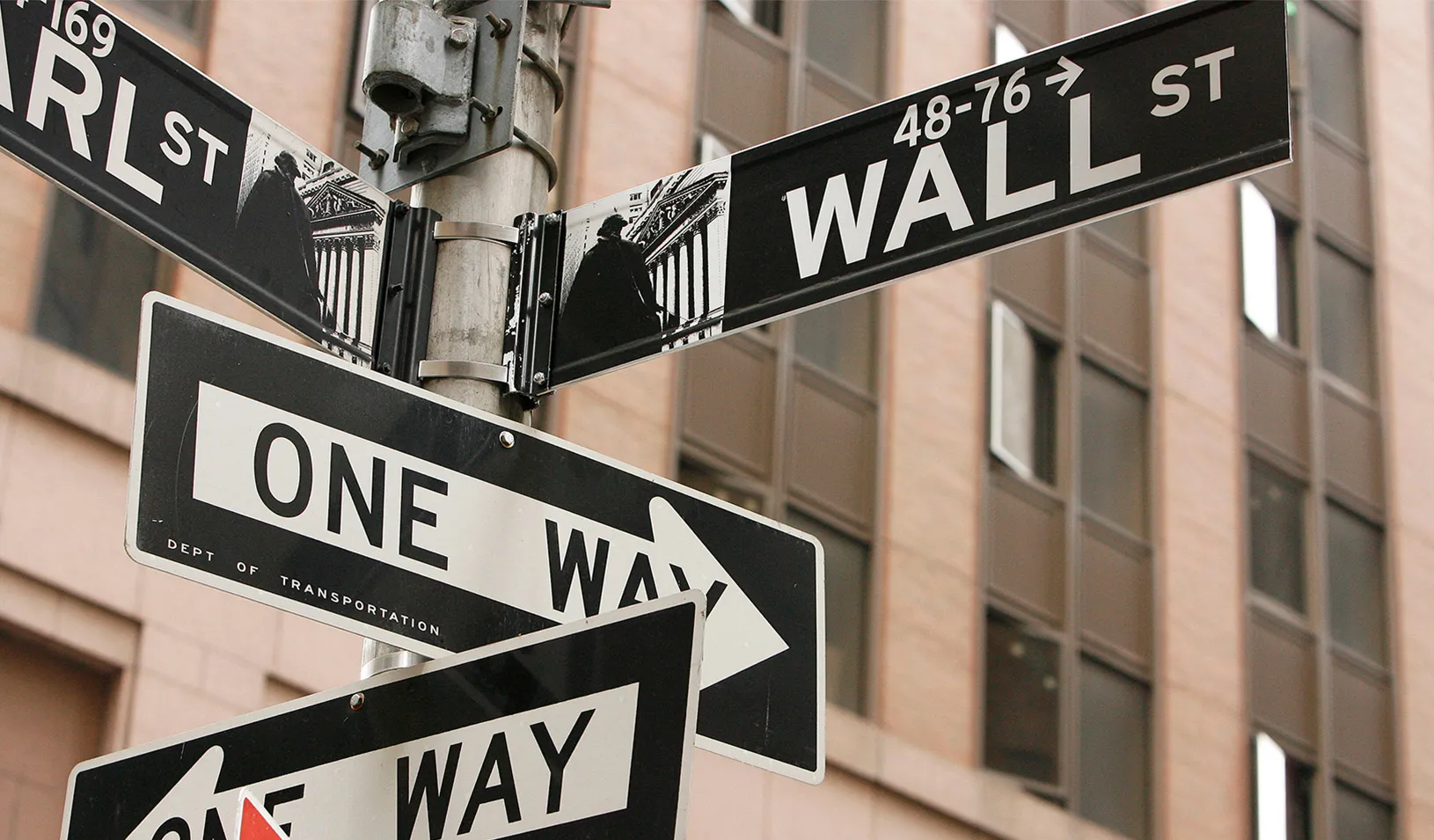 Street signs that say "Wall Street" and "One Way"
