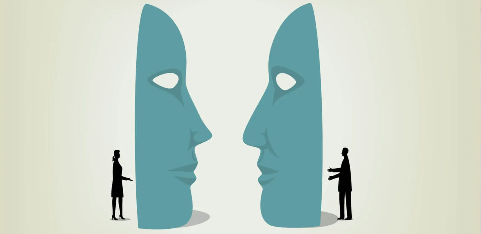 illustration of two individuals speaking to one another through giant masks