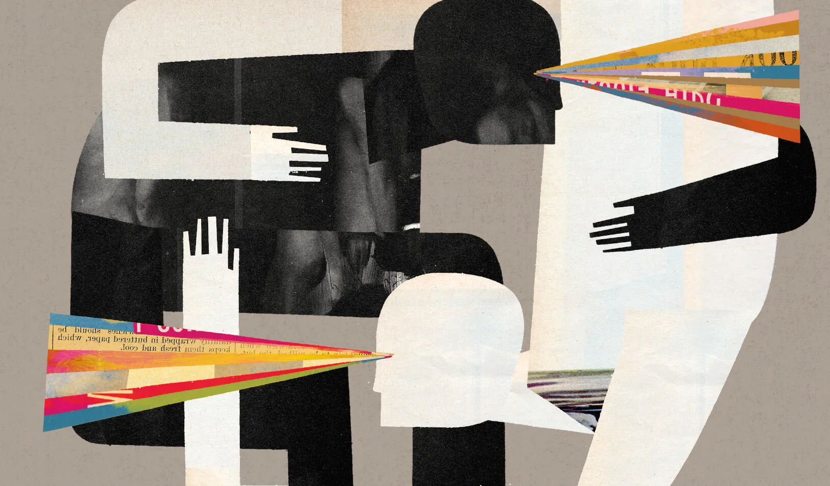 Illustration showing two figures – one black, one white – intertwined and looking outward. Credit: Keith Negley
