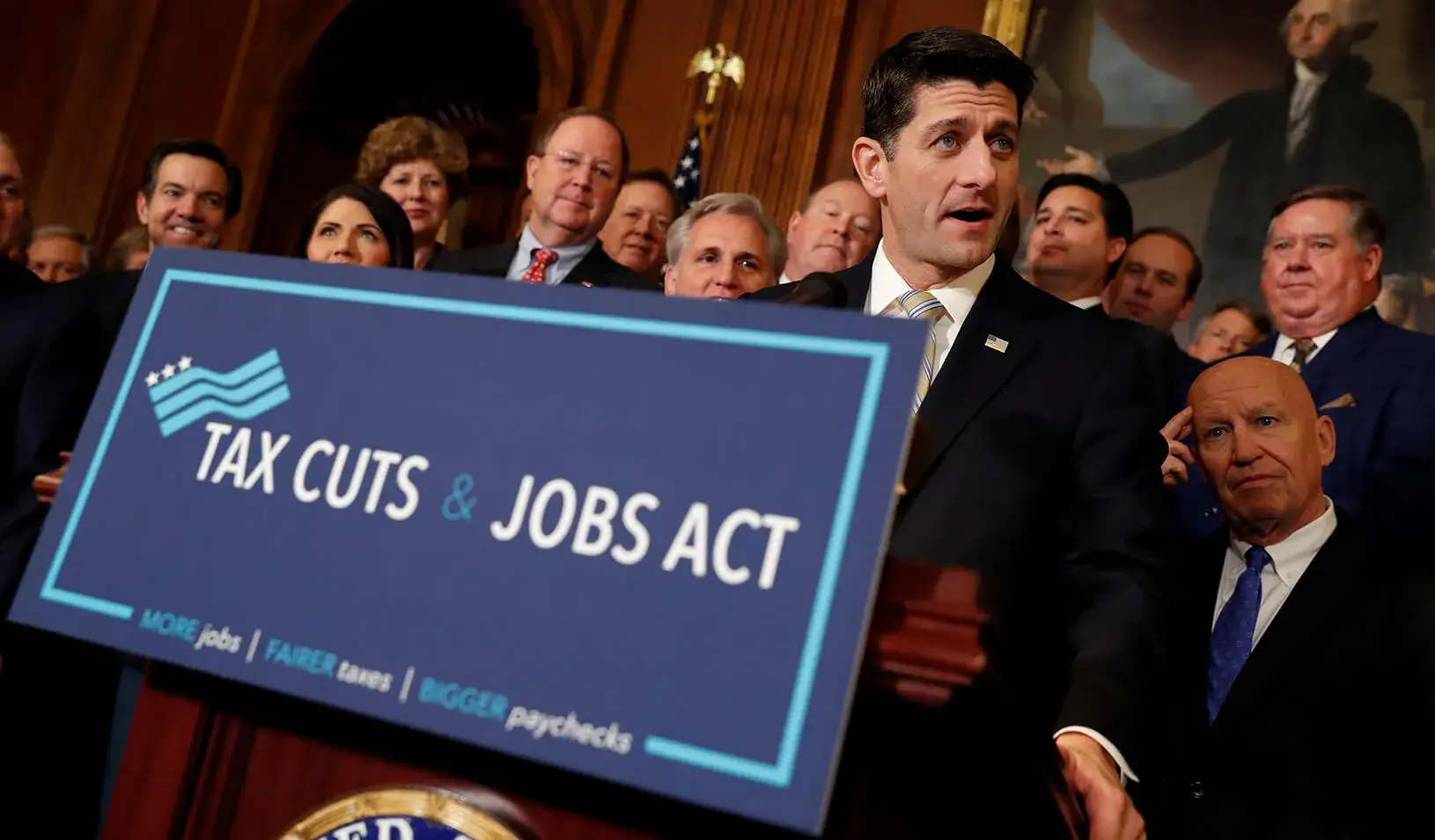 Speaker of the House Paul Ryan speaks at a news conference announcing the passage of the “Tax Cuts and Jobs Act” at the U.S. Capitol in Washington, D.C. on November 16, 2017. Credit: Reuters/Aaron P. Bernstein