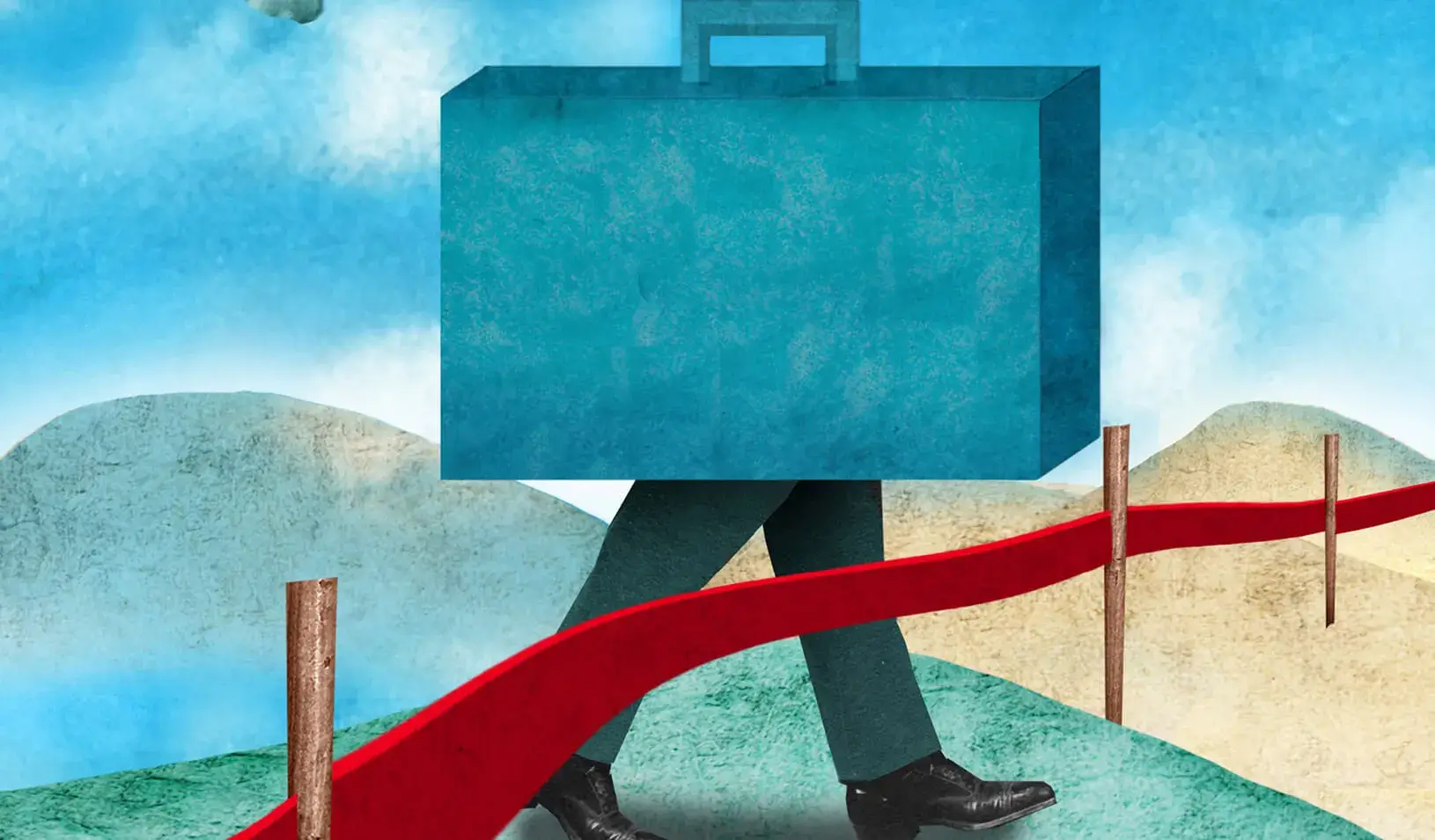 Illustration showing a man with a briefcase as a body running into red tape. Credit: Michael Morgenstern