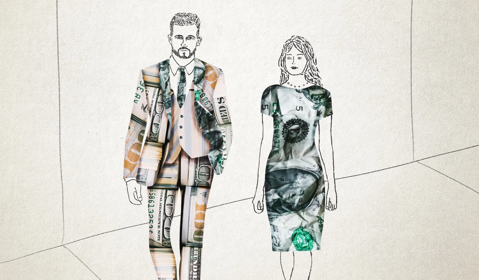 An illustration of a man and a woman clothed in money.