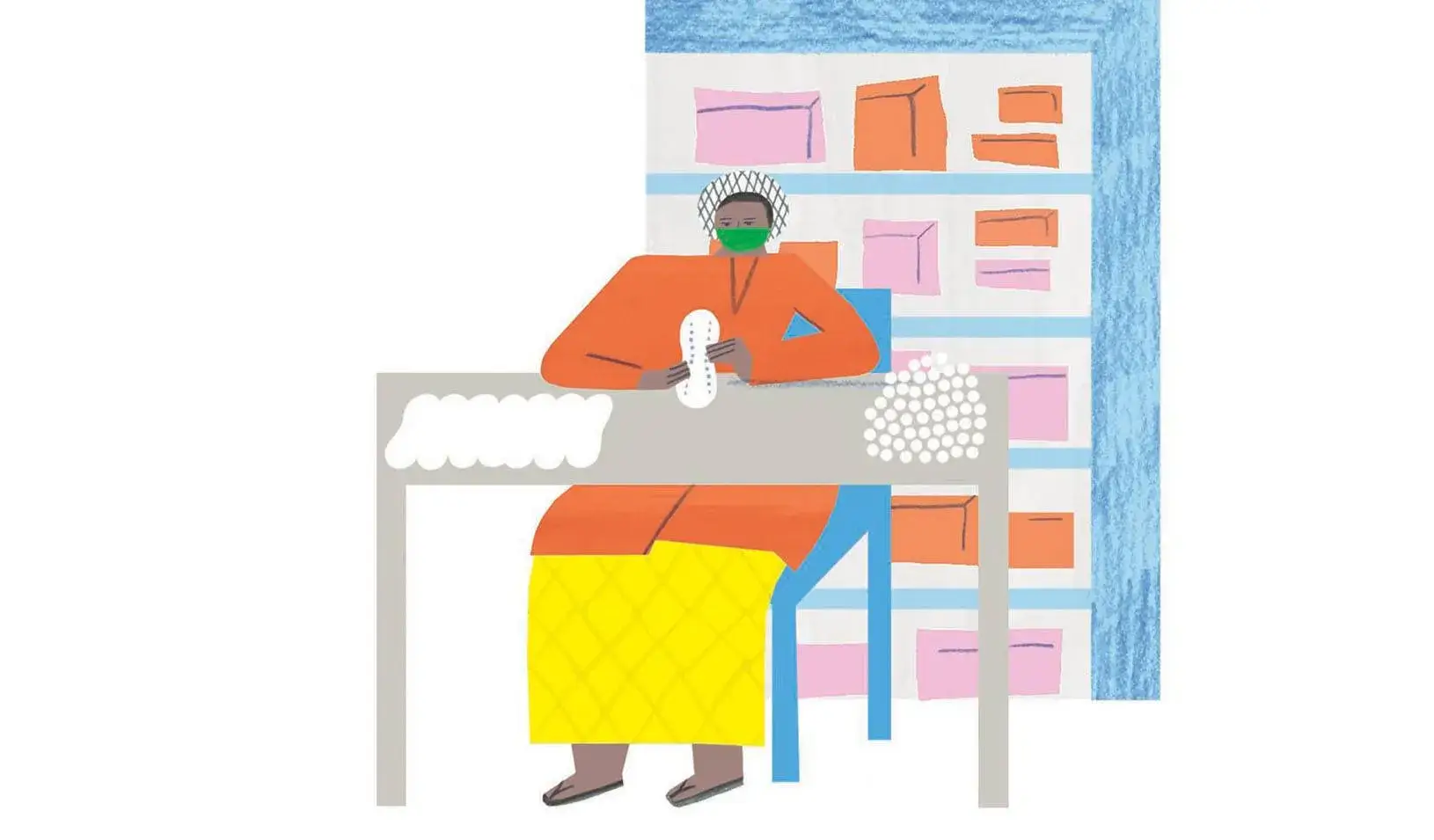  Illustration of a person sitting at a table while making sanitary napkins. Credit: Irene Servillo
