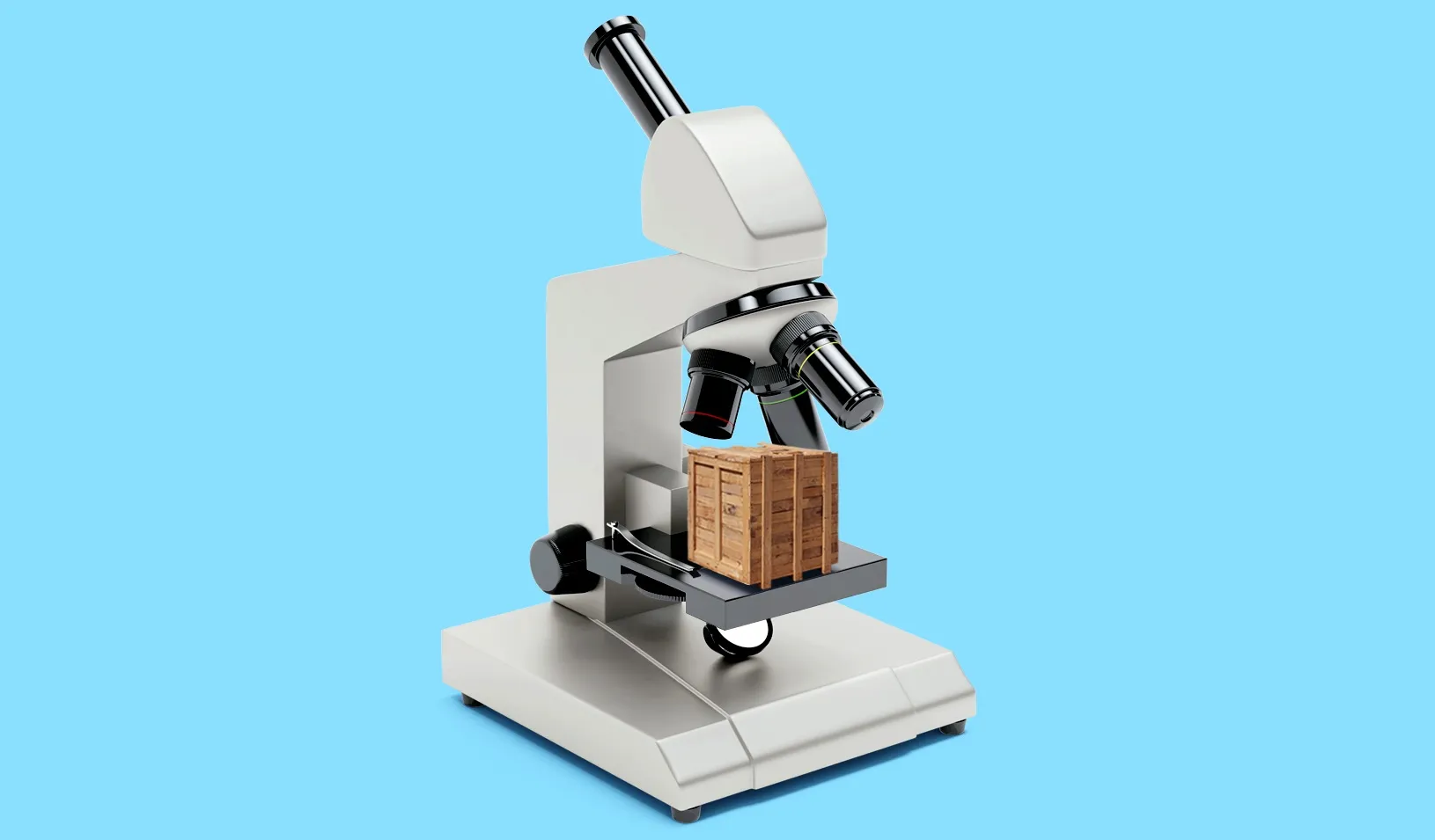 A photo-illustration of a microscope with a brown cardboard box on its stage. Credit: Alvaro Dominguez