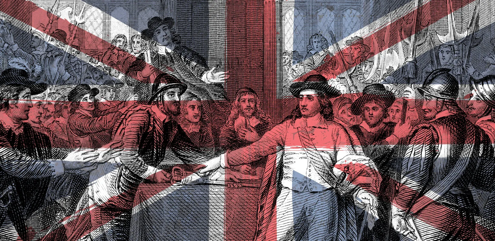 An illustration of the Union Jack flag overlayed with British revolutionaries taking the scepter from King Charles I