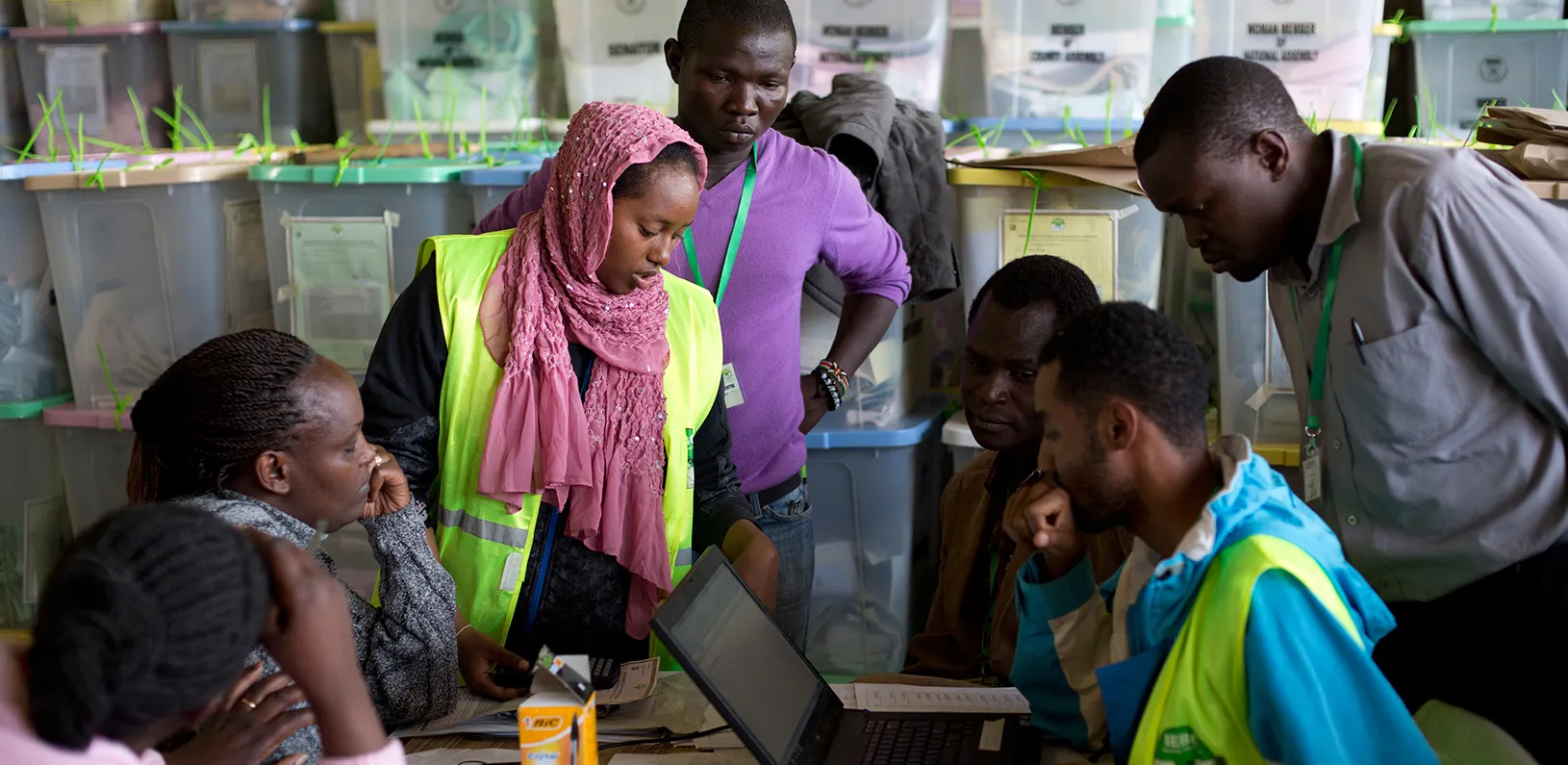 Officials at a vote-counting center in Nairobi, Kenya