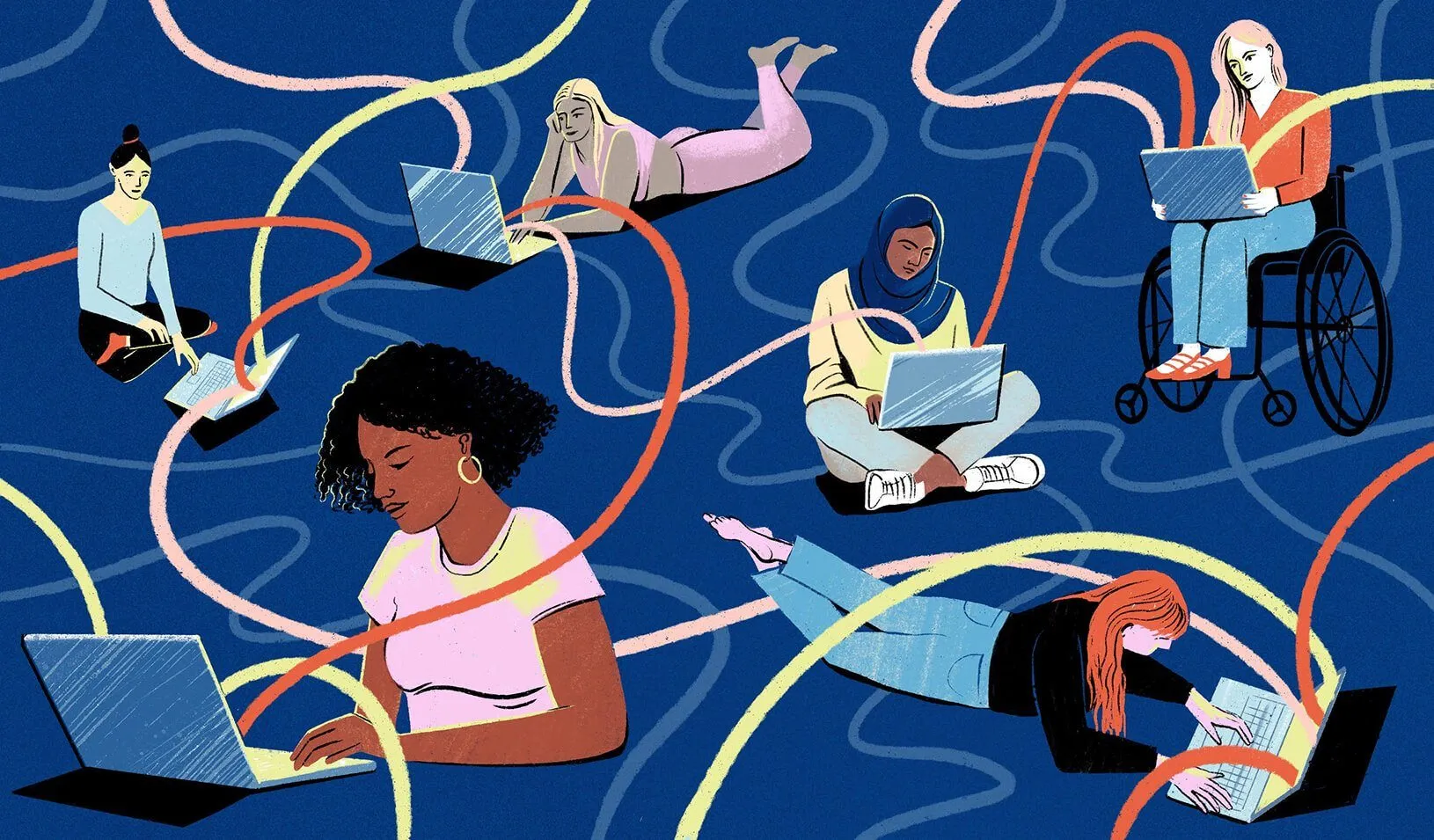 An illustration showing a diverse group of women connecting virtually. Credit: Illustration by Eleanor Taylor