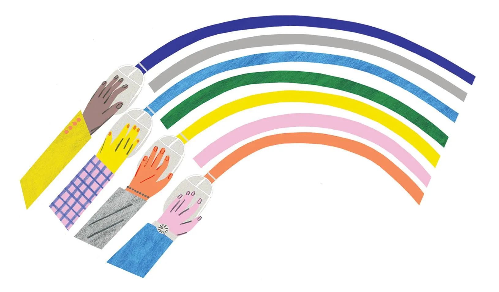 Illustration of four multicolored hands holding computer mice, with a rainbow coming out of the computer mice. Credit: Irene Servillo