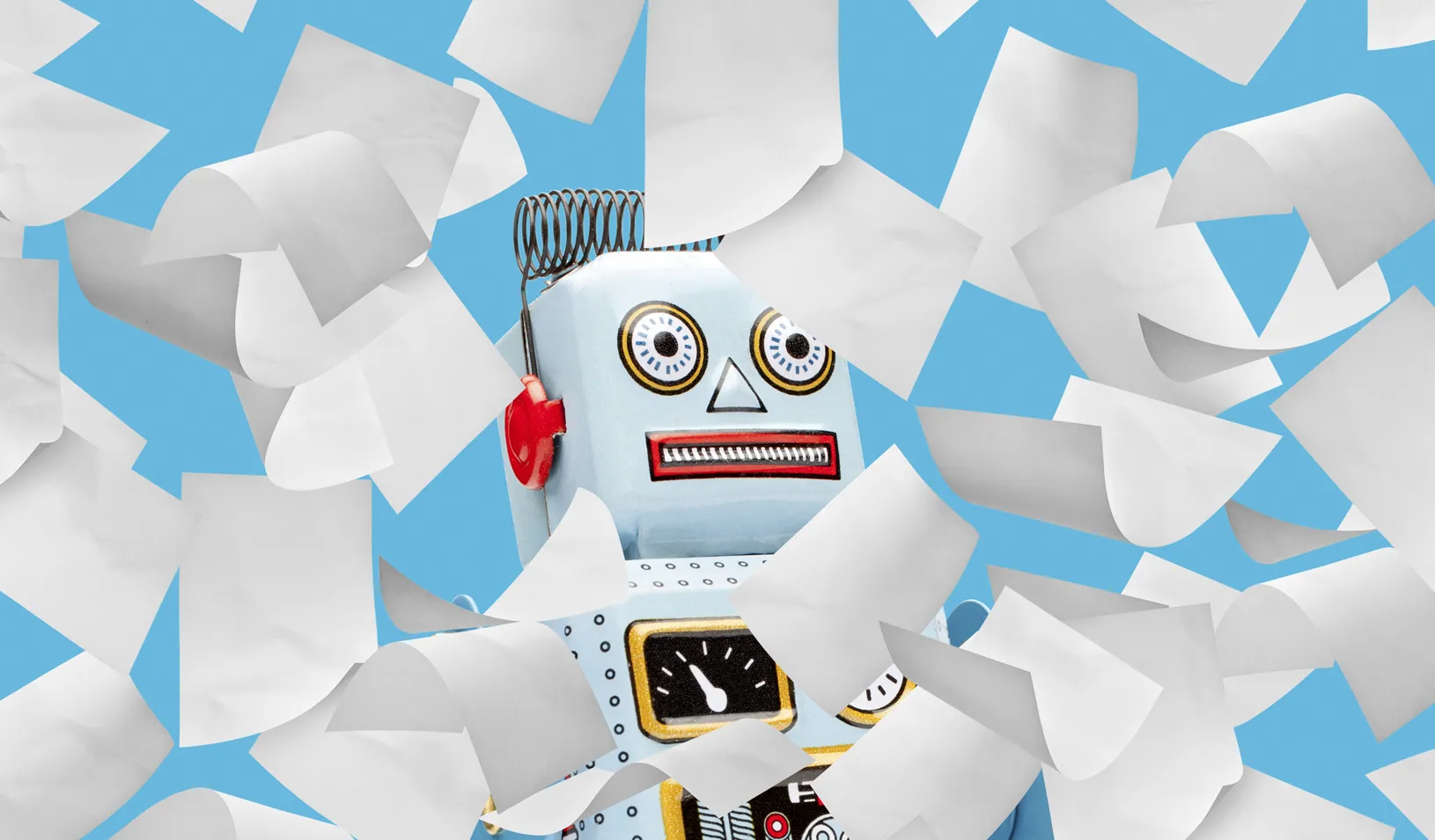 Illustration of a robot looking stunned as sheets of paper fall from the sky. Credit: Alvaro Dominguez