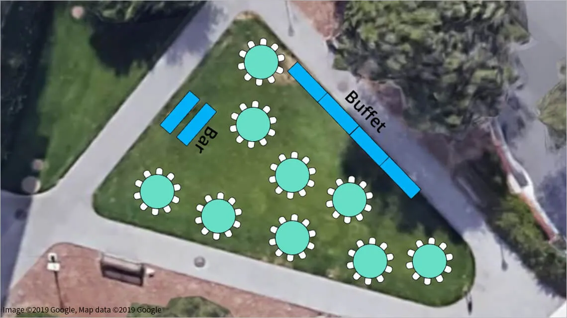 This venue diagram shows an example event configuration in Campus Drive Lawn at the maximum capacity of 80 for dining seating with buffet tables and a bar.