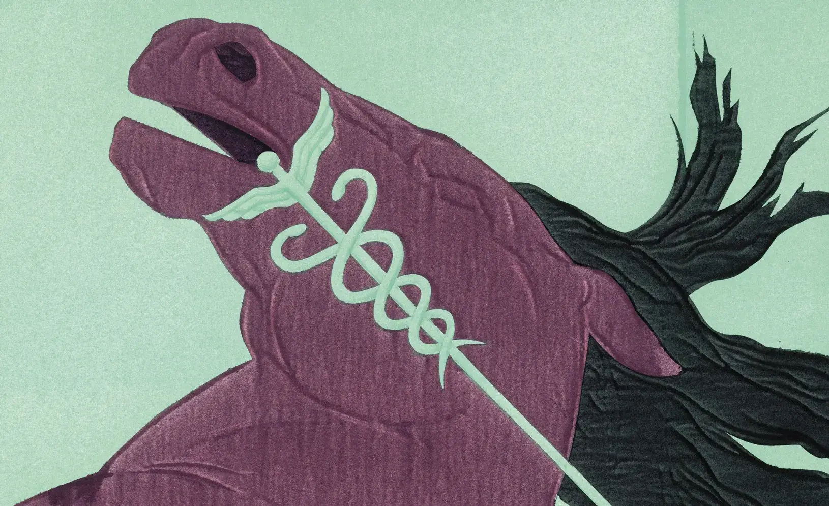 Illustration of a horse fighting its reign, the symbol for health care, Photo by Alex Nabaum