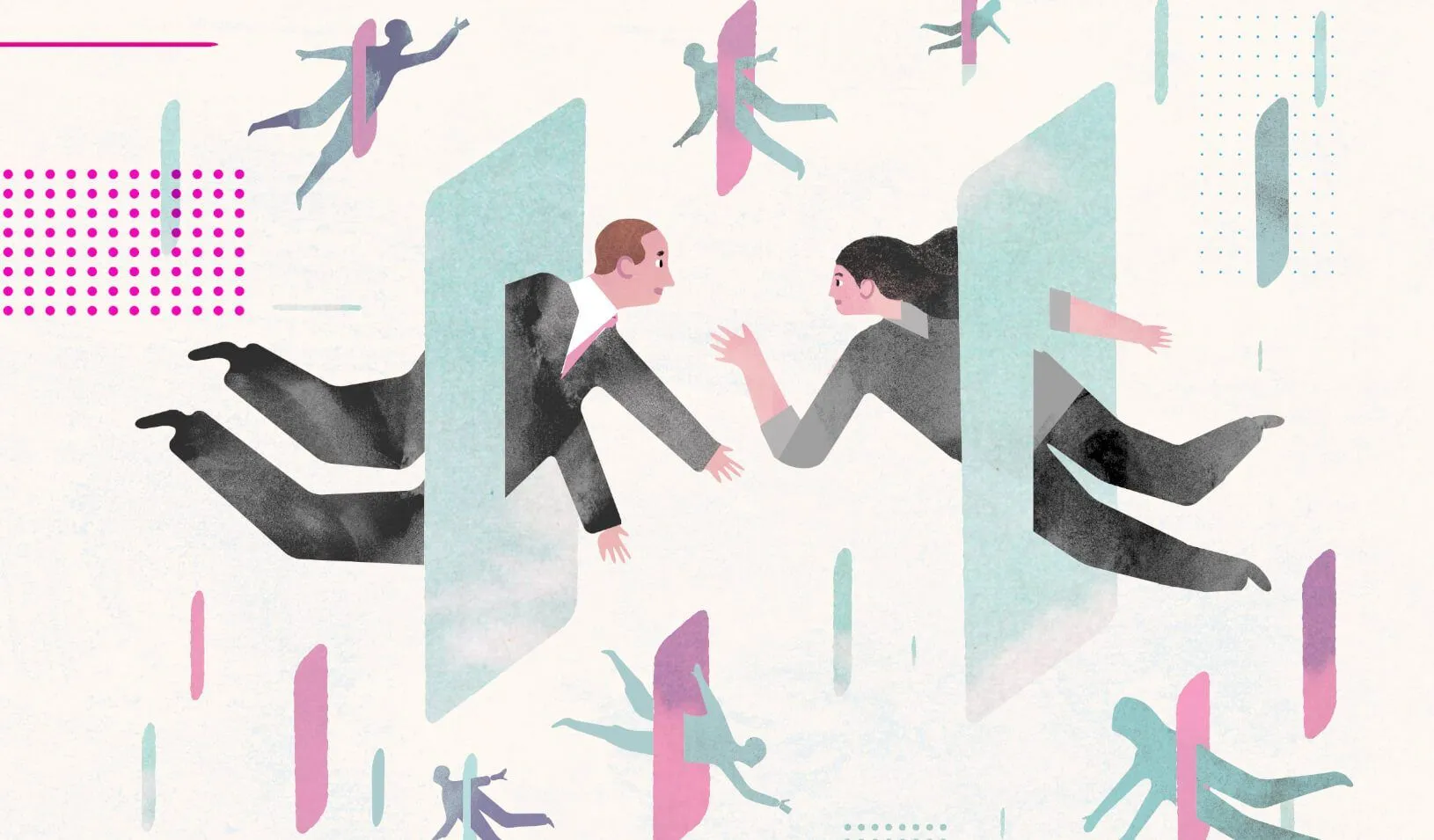 An Illustration of figures floating through the air, connecting through screens. Credit: Keith Negley