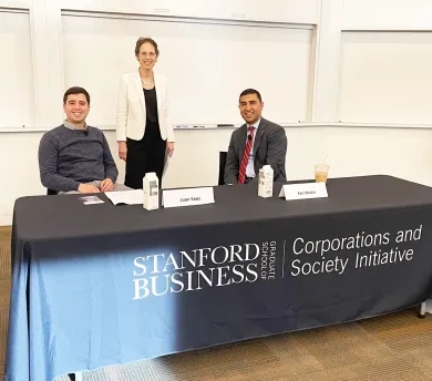 A photo from the CASI event showing (from left): Juan Saez, Anat Admati and Faiz Shakir. Credit: Lisa Sanchez-Corea Simpson