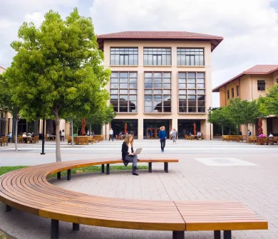 Woman sitting on a curved bench on Stanford GSB's campus.