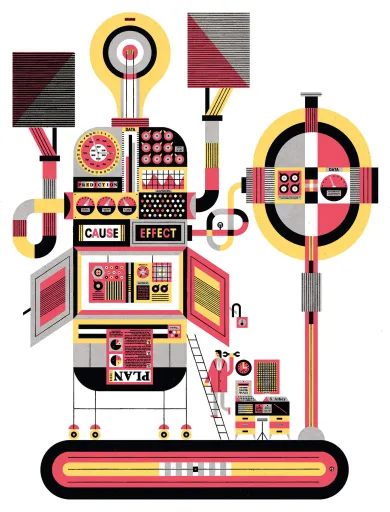 A complex machine showing "cause" "effect" and "data" signs contributing to a "plan".